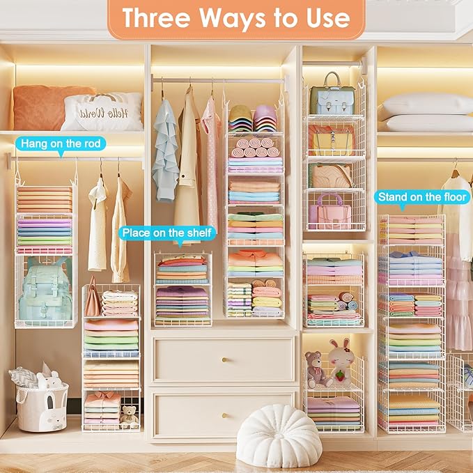 6 Tier Raised-Height Hanging Closet Organizer, Stackable Sweater Organizer