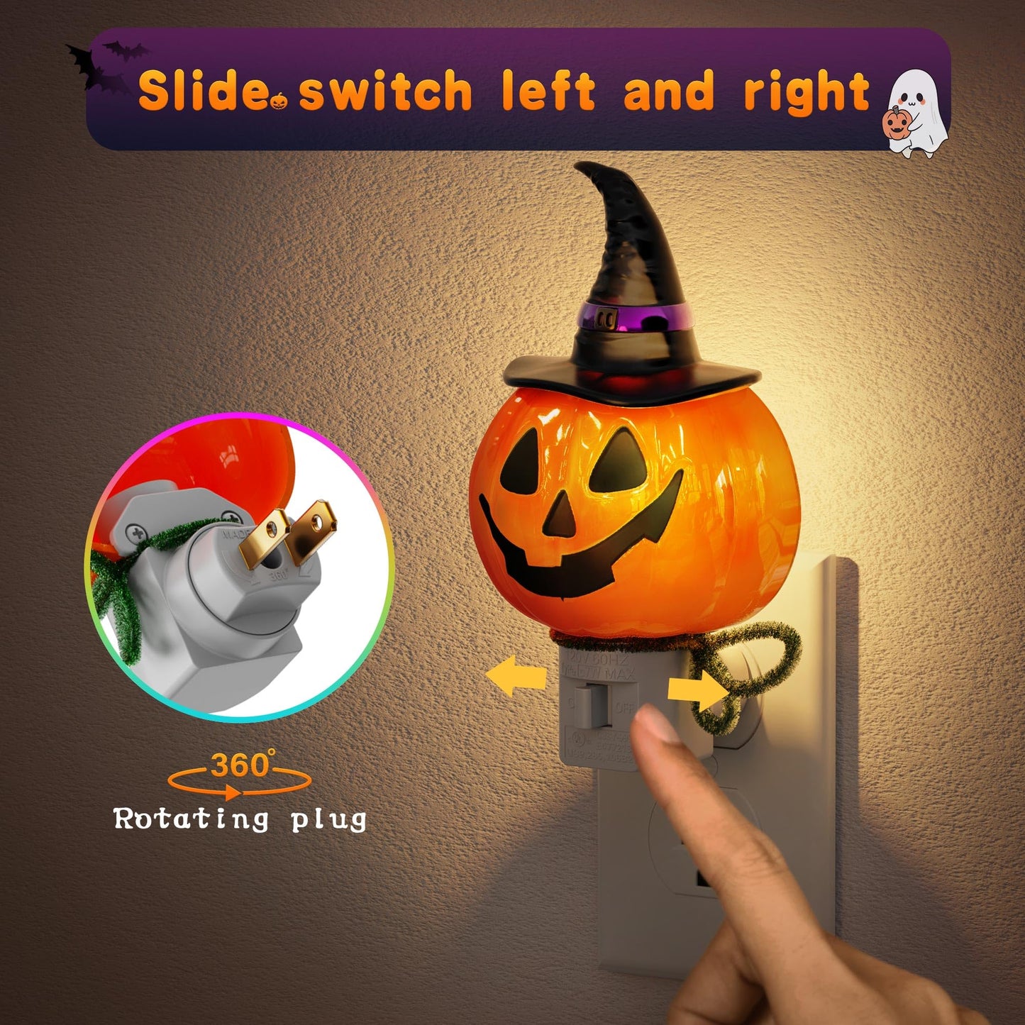 JandCase Halloween Night Light, 3000K Night Lights Plug into Wall,Cute & Funny Pumpkin Night Light for Kids,Plug in Pumpkin Nightlight with 360° Rotatable for Halloween Party Decor,1 Pack