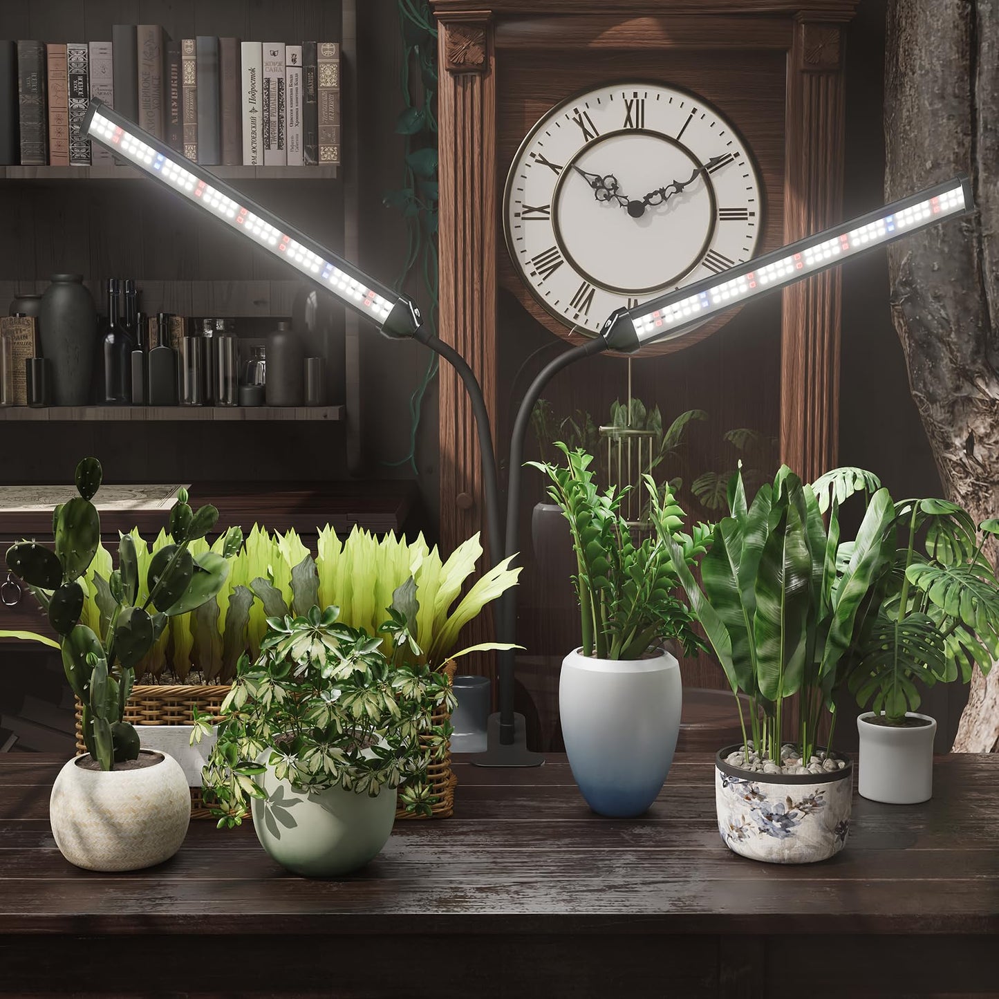 GooingTop Grow Light LED Gooseneck Lamp,Dual-Head White Full Spectrum 148 LED Plant Lamp with Red Blue Light Clip-on Desk for Indoor Plants Growing,Diming & Auto Timer,Super Bright