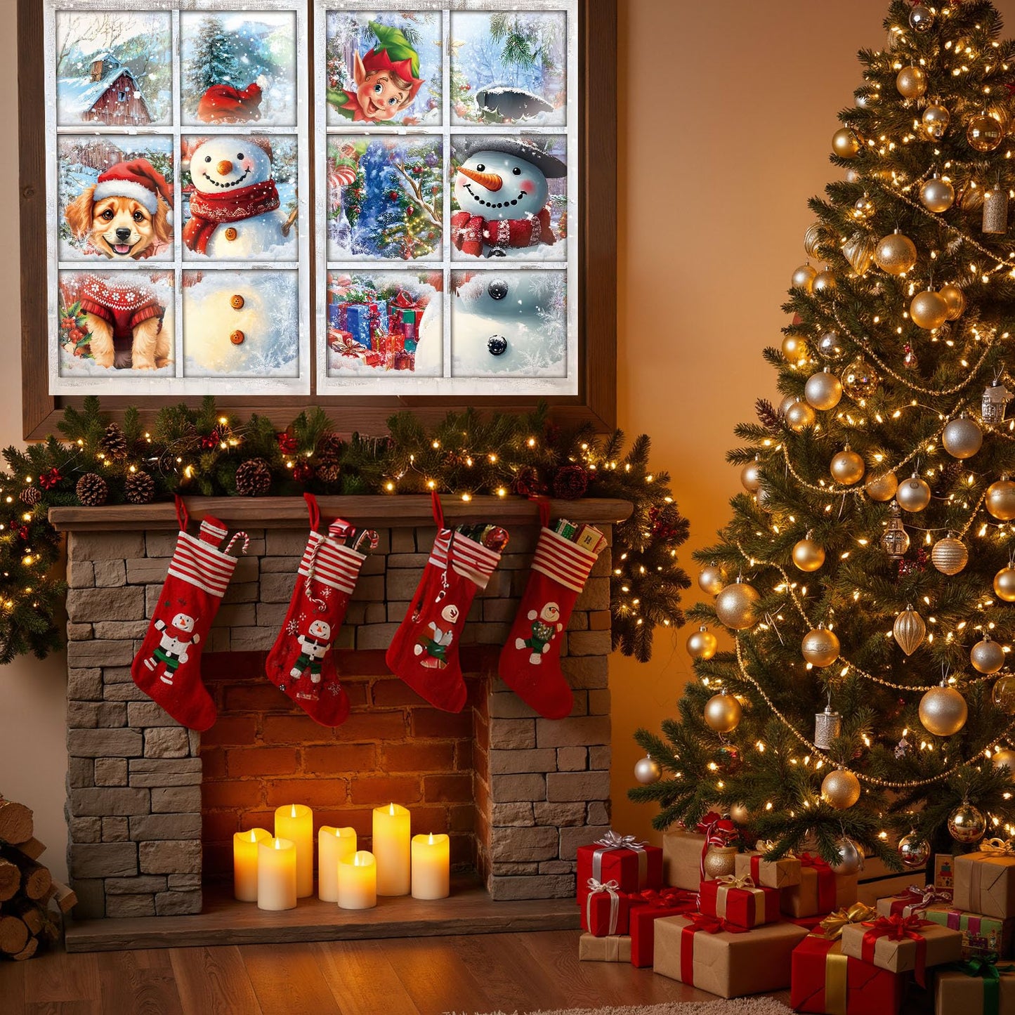 Patelai 4 Pcs Merry Christmas Curtain Cute Christmas Window Silhouette Decoration Snowflake Window Door Cover Holiday Xmas Poster Screen for Indoor Outdoor Party Decor(Snowman)