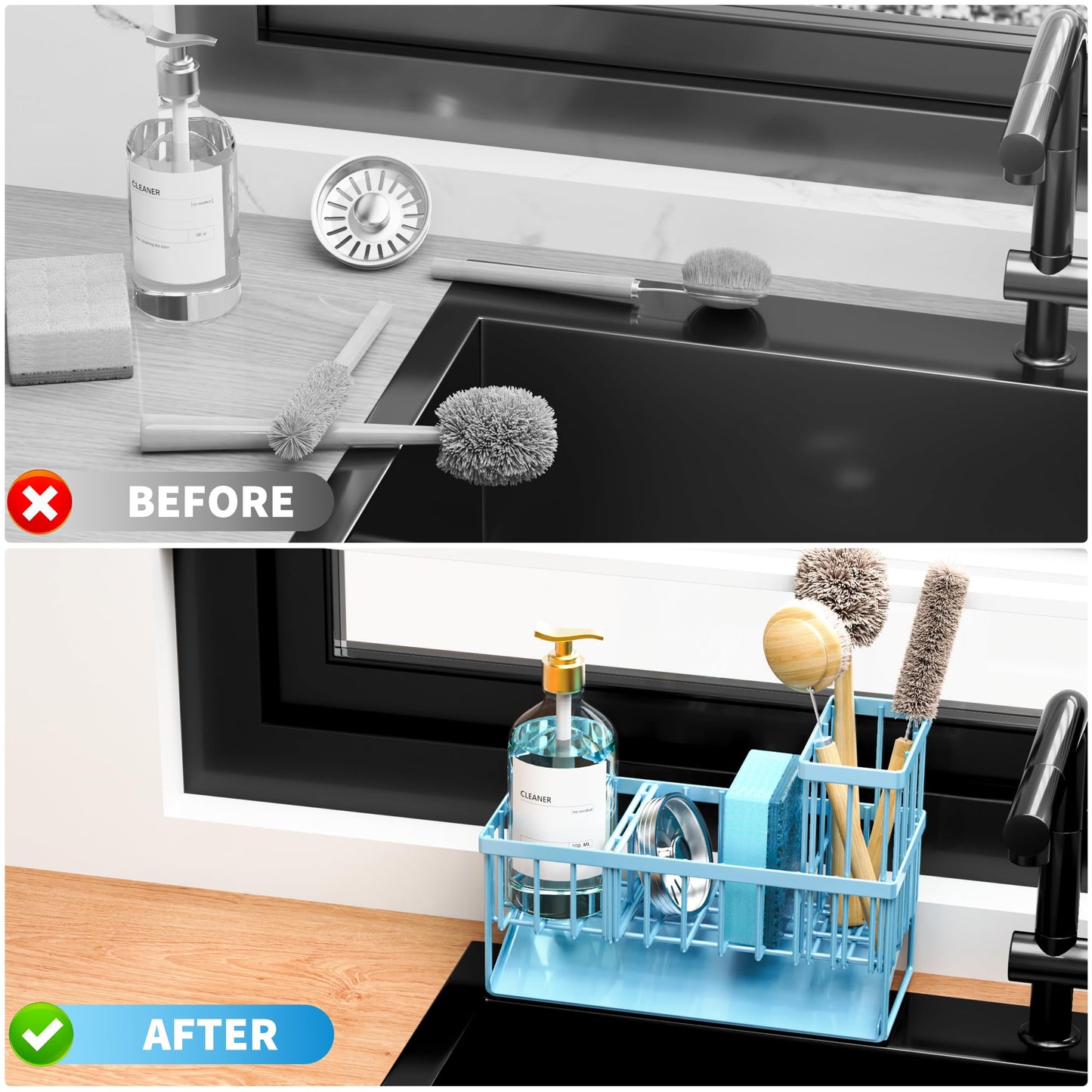Cisily Kitchen Sink Caddy Organzier with High Brush Holder, Sponge Holder for Sink, 304 Rustproof Stainless, Kitchen Countertop Soap Dispenser Organizer, Kitchen Decor and Accessories