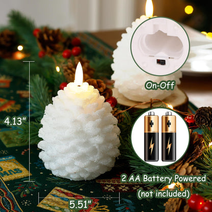 Christmas Flameless Pine Cone Candles with Remote Timer, Battery Operated Flickering Candles, LED Real Wax Pinecone for Christmas Home Decoration, Set of 2, White with Glass Bead Powder (5.5" X 4.1")