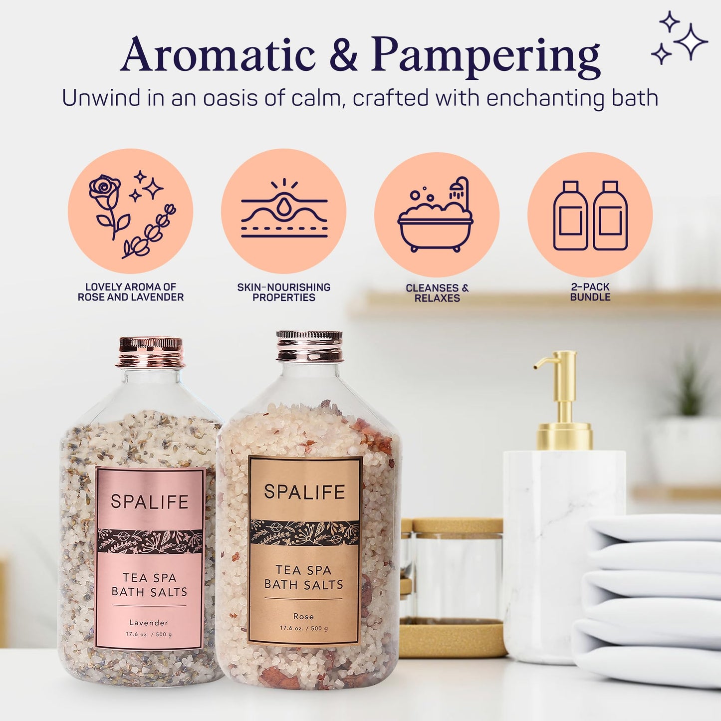 SpaLife Effervescent Rose & Lavender Bath Salts for Women Relaxing | All Natural Aromatherapy Dead Sea Salt Bath Soak Duo | Real Flower Petals for Relaxing Mineral Baths | 2-Pack (35.2 oz)