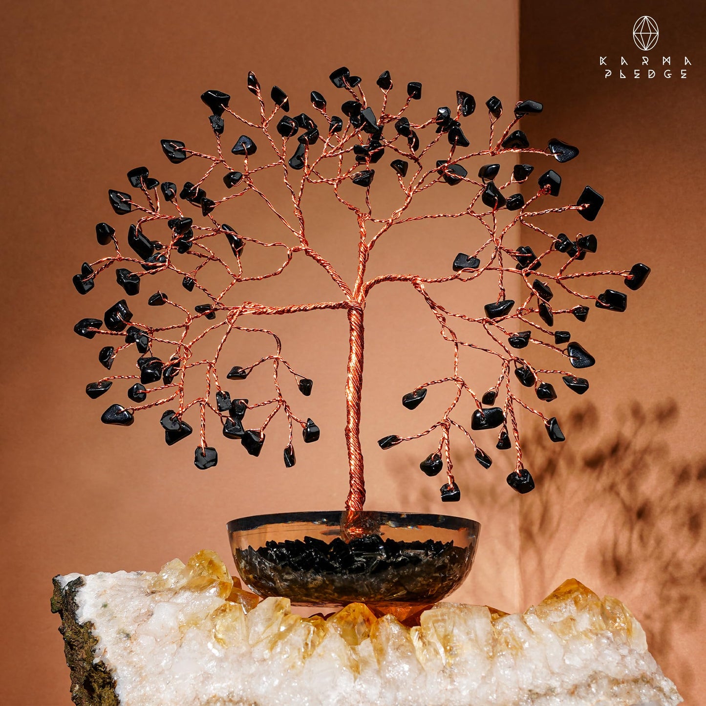 KARMAPLEDGE 7 Chakra Black Obsidian Crystal Tree of Life Positive Energy & Good Luck, Money, Feng Shui Decor, Home and Office Desk Decoration, Spiritual Gifts for Women, for Dad