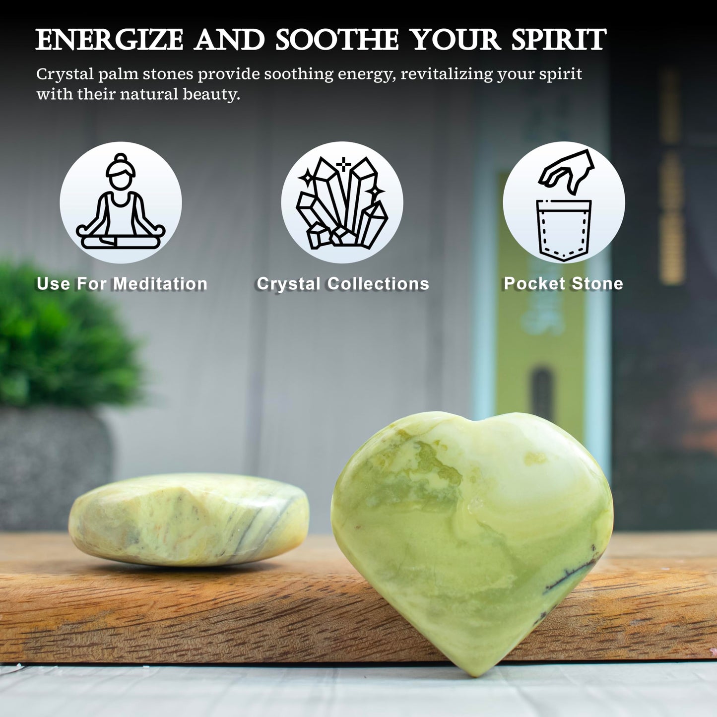 Crocon 50mm Serpentine Heart Stone Big Heart Shape Puff Stones Set 450+ Carats Pocket Crystal Healing Tumble Collection Palm Worry Stone Good Luck Charm Meditation Gift Craft Home Decor