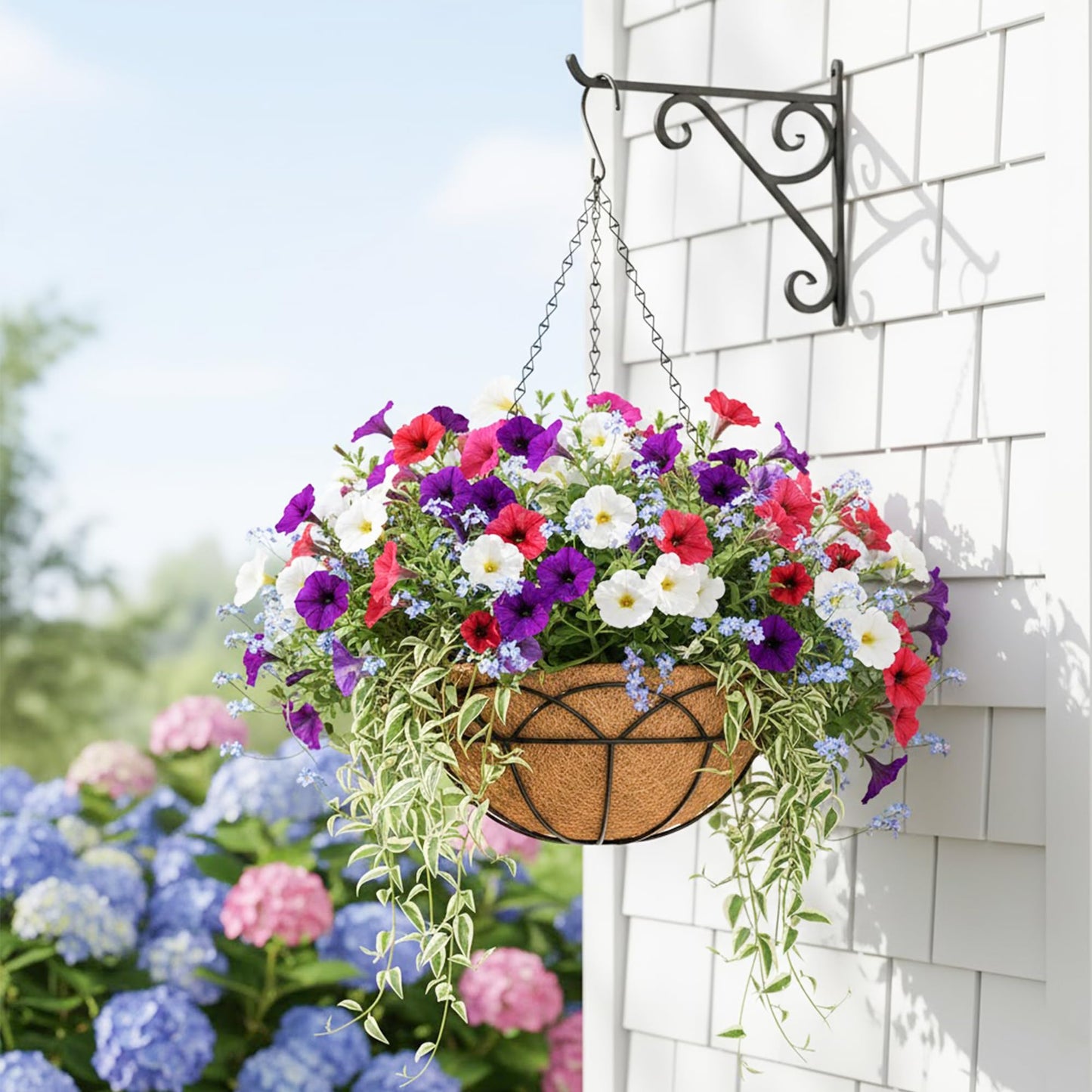 EIMQUVW 4-Pack Outdoor Metal Hanging Baskets 14 Inches Black Round Flower Pot with Coconut Fiber Lining Decorative Wire Hanging Planter Suitable for Patios Gardens and Walls