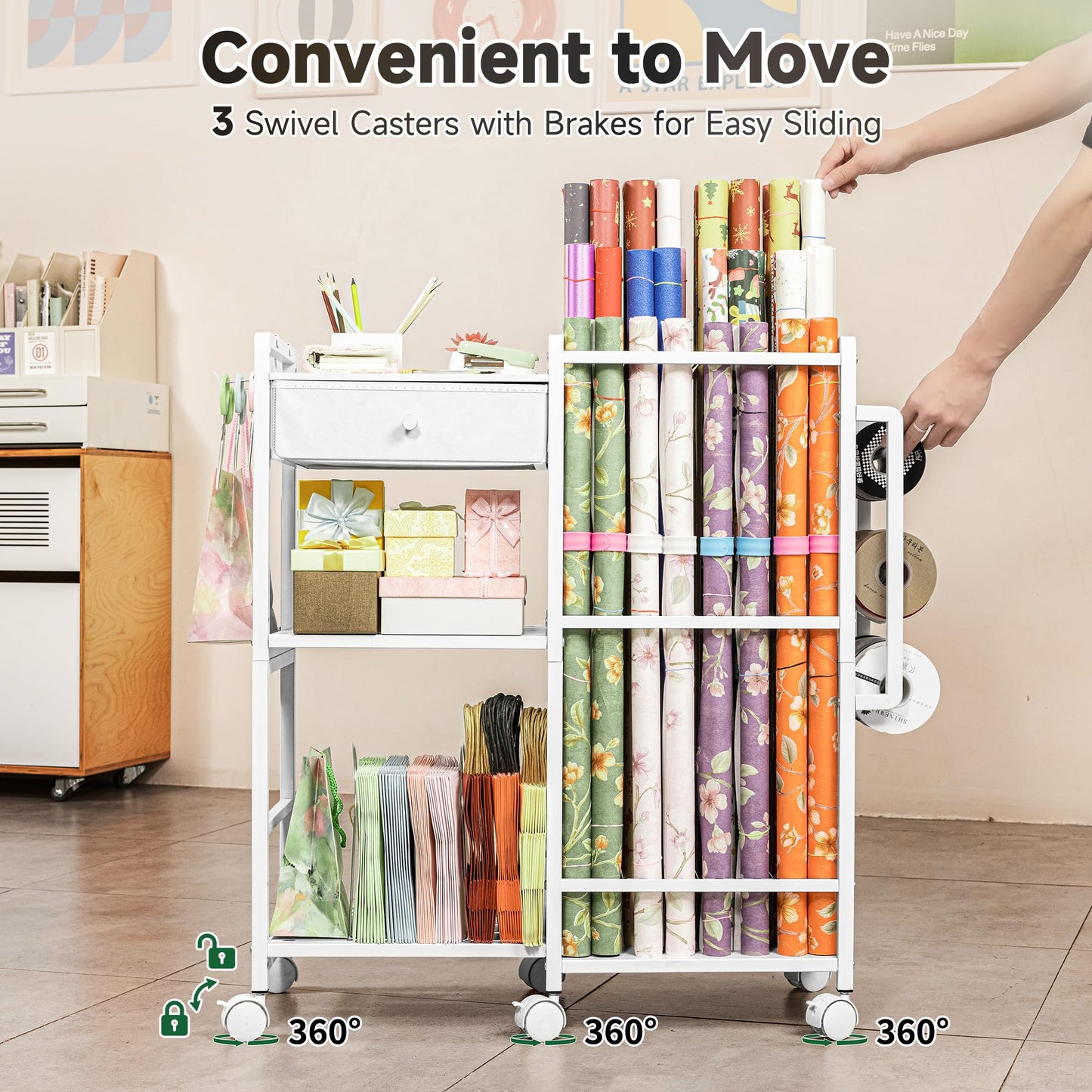 Aquzee Wrapping Paper Storage, Rolling Gift Wrap Station, 9 Adjustable Rod Design, Vertical Wrapping Paper Storage Cart, Ribbon Organizers and Gift Bag Storage, 12 PCS Slap Bands, White