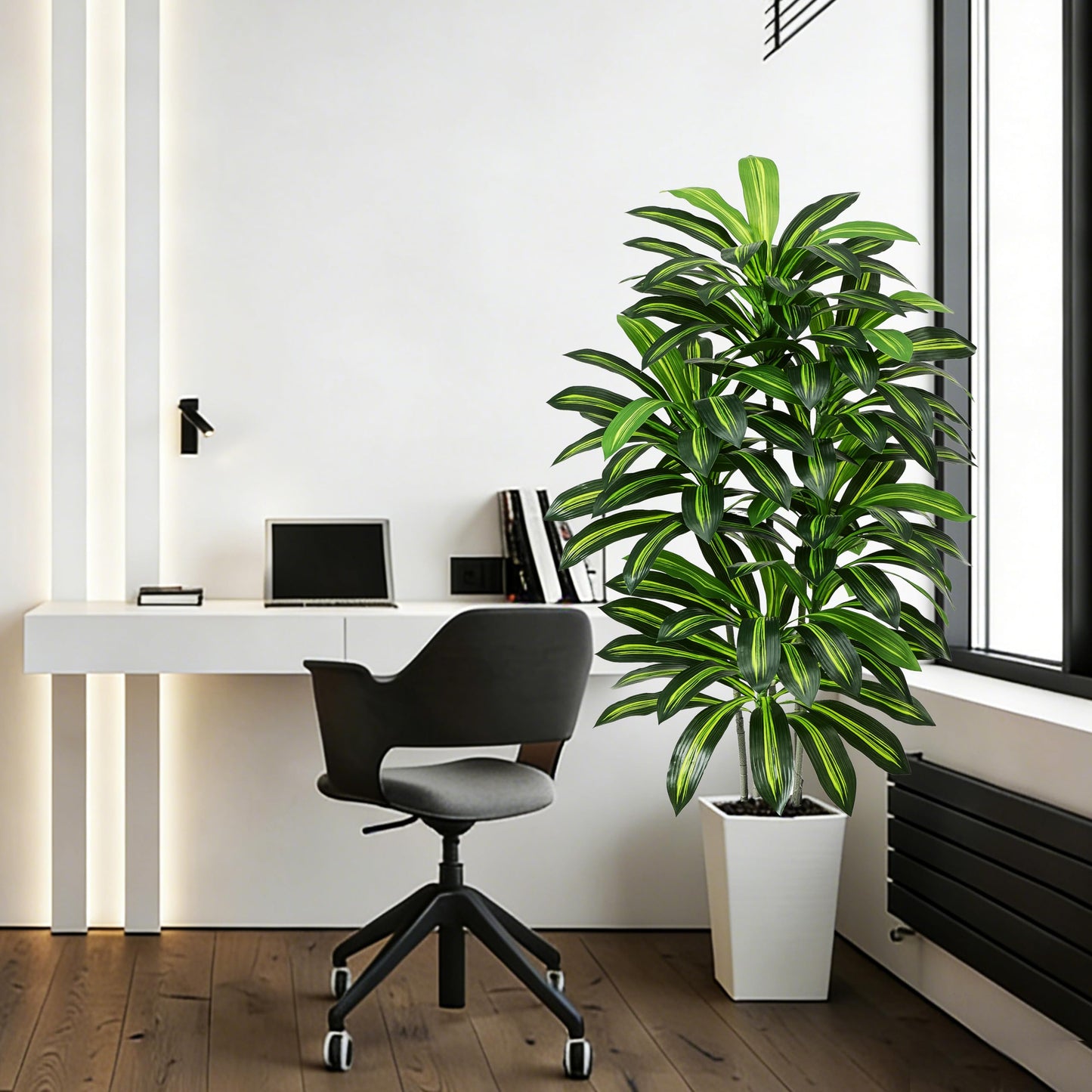 Artificial Dracaena Tree - 5FT Tall Fake Plants with White Tall Planter - Artificial Plants Indoor Floor Plant in Pot - Large Tropical Fake Yucca Potted Tree for Home Office Living Room Decor