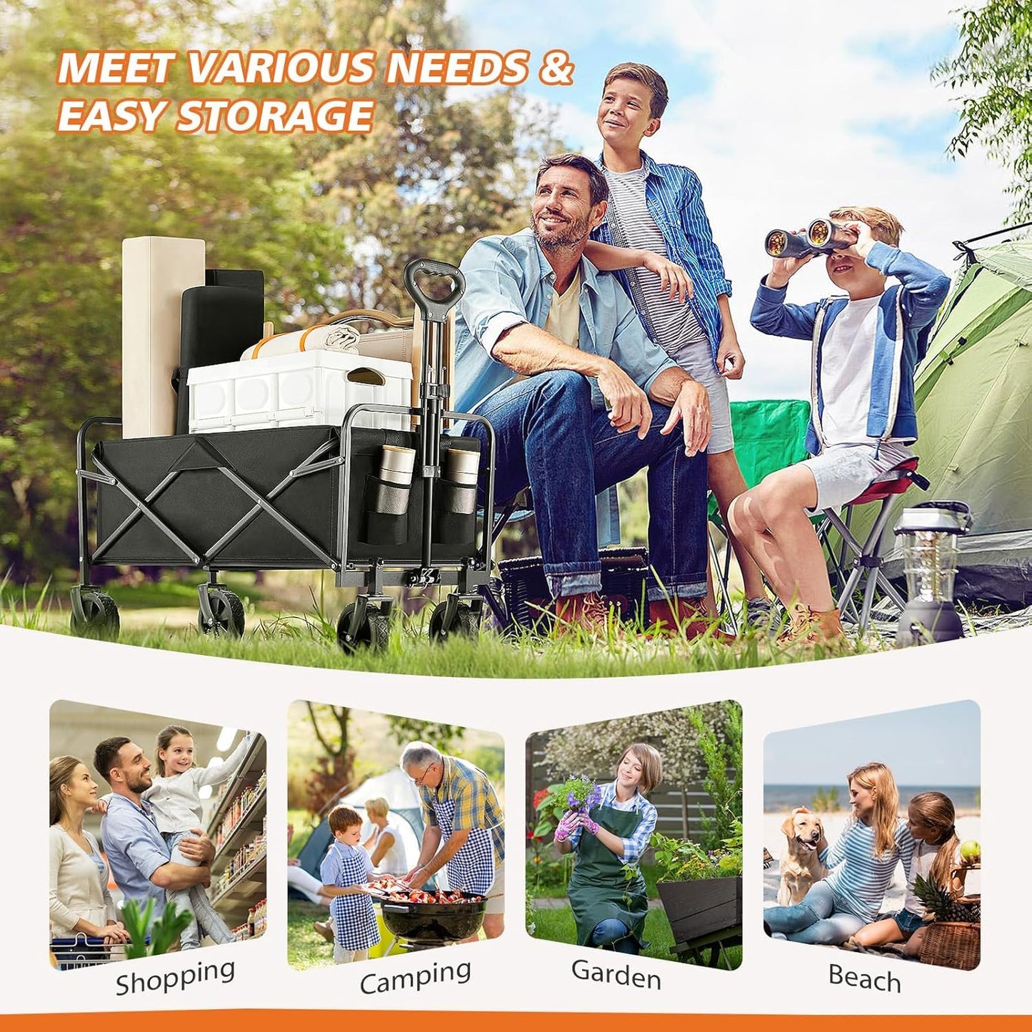 Sweetcrispy Collapsible Foldable Wagon Cart, Large Capacity Garden Beach Cart with All-Terrain Wheels, Heavy Duty Utility Grocery Wagon with Drink Holders for Shopping Sports Camping, Large Black