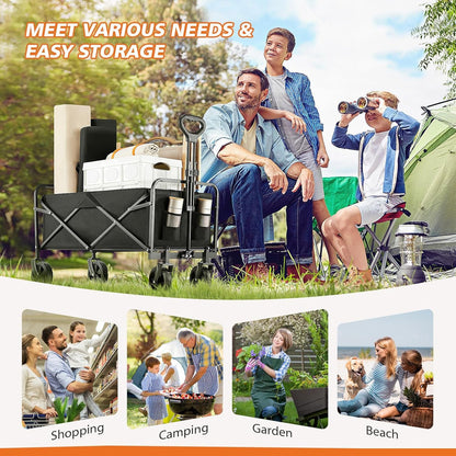 Sweetcrispy Collapsible Foldable Wagon Cart, Large Capacity Garden Beach Cart with All-Terrain Wheels, Heavy Duty Utility Grocery Wagon with Drink Holders for Shopping Sports Camping, Large Black