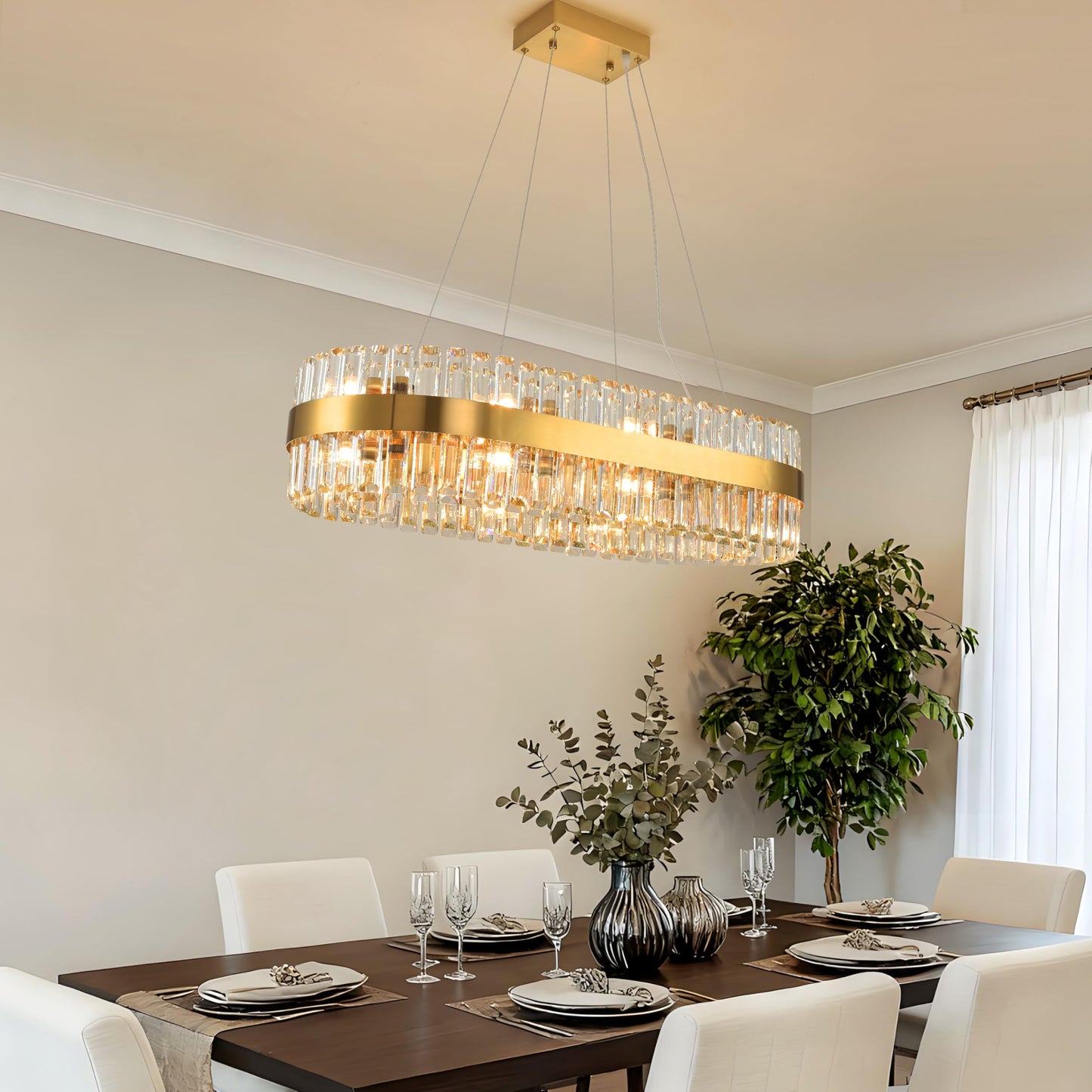 MADEM Modern Chandelier for Dining Room,16-Light Brass Gold 2-Tiers Rectangle Chandelier with Adjustable Length 51.18",Crystal Chandelier for Living Room, Dining Room,Kitchen Chandelier Over Table