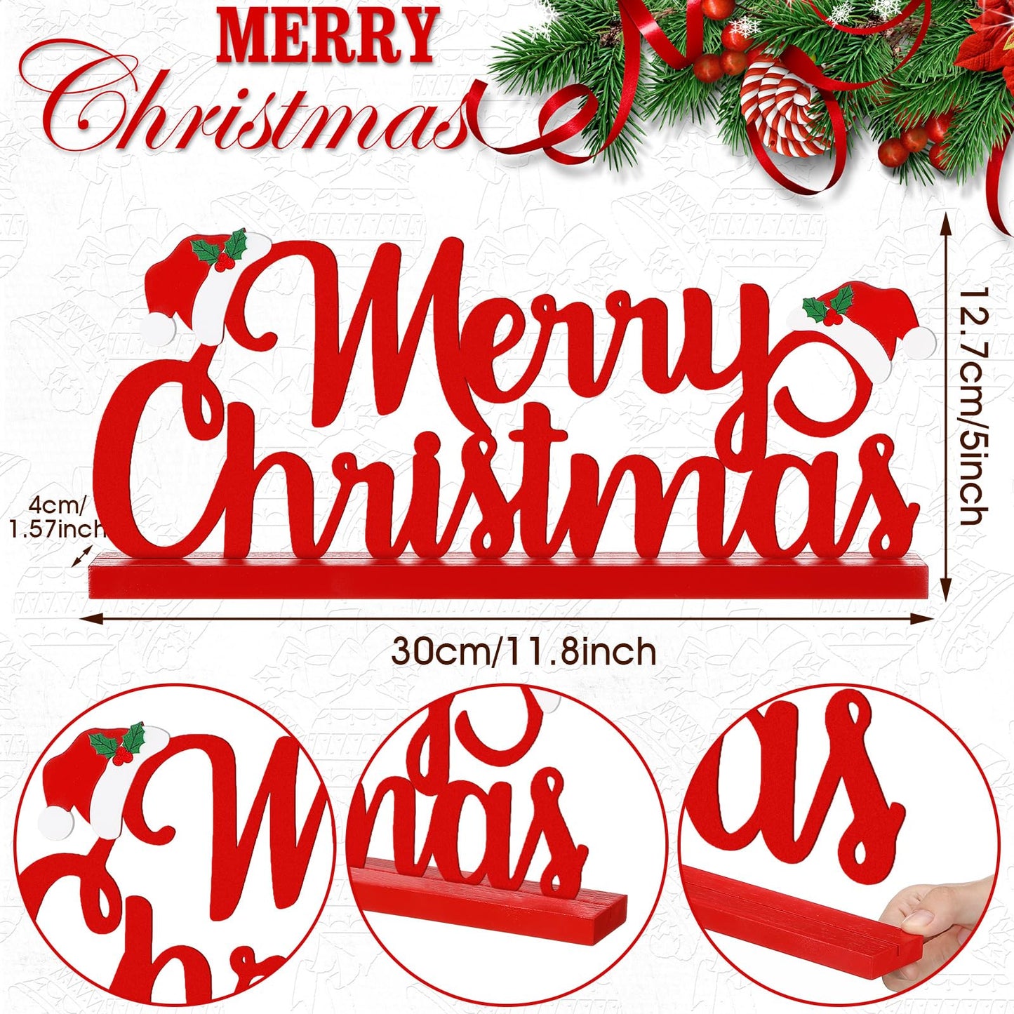 Realspring Merry Christmas Metal Sign Red Christmas Table Decoration Xmas Tiered Tray Decor Freestanding Metal Word Sign with Wooden Base for Xmas Home Tabletop Centerpiece Mantel Fireplace