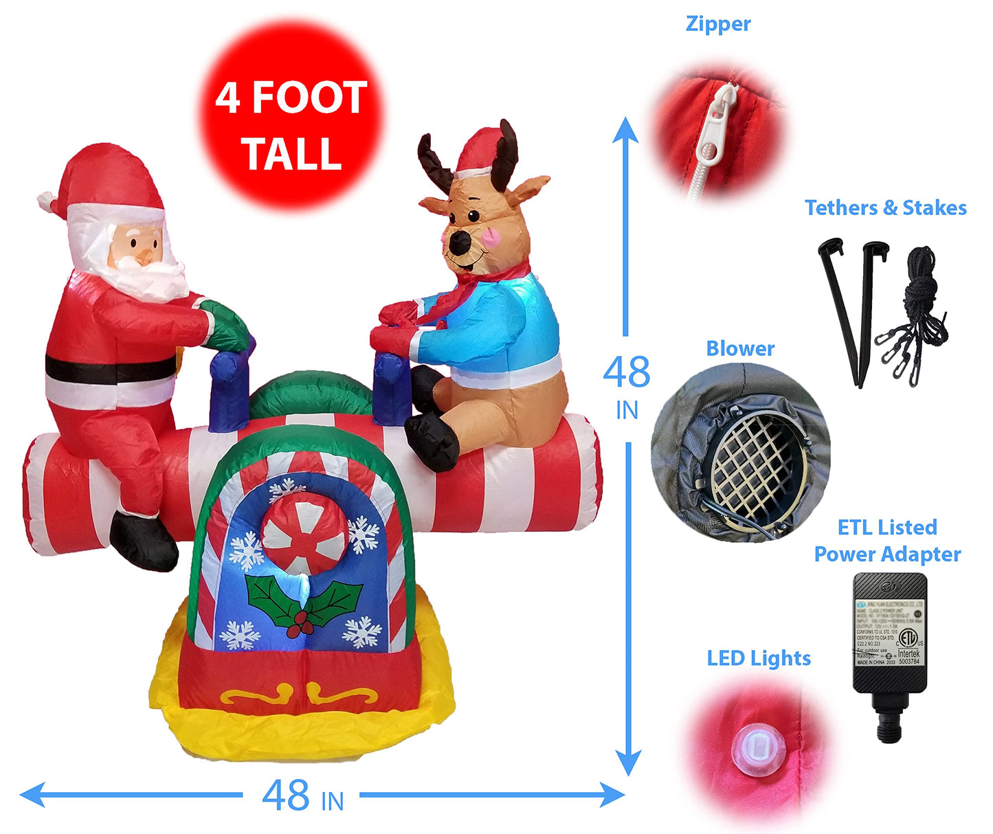 4 Foot Animated Christmas Inflatable Santa Claus and Reindeer on Teeter Totter Outdoor Yard Decoration