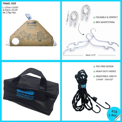 Scrubba WATERCLEAR Wash Bag & Dry Kit - Portable Washing Machine System with XL Towel, Pegless Line & Hangers - Lightweight Laundry Essentials for Camping, Hiking, Hostels & Hotels - Easy-Rinse Inlet