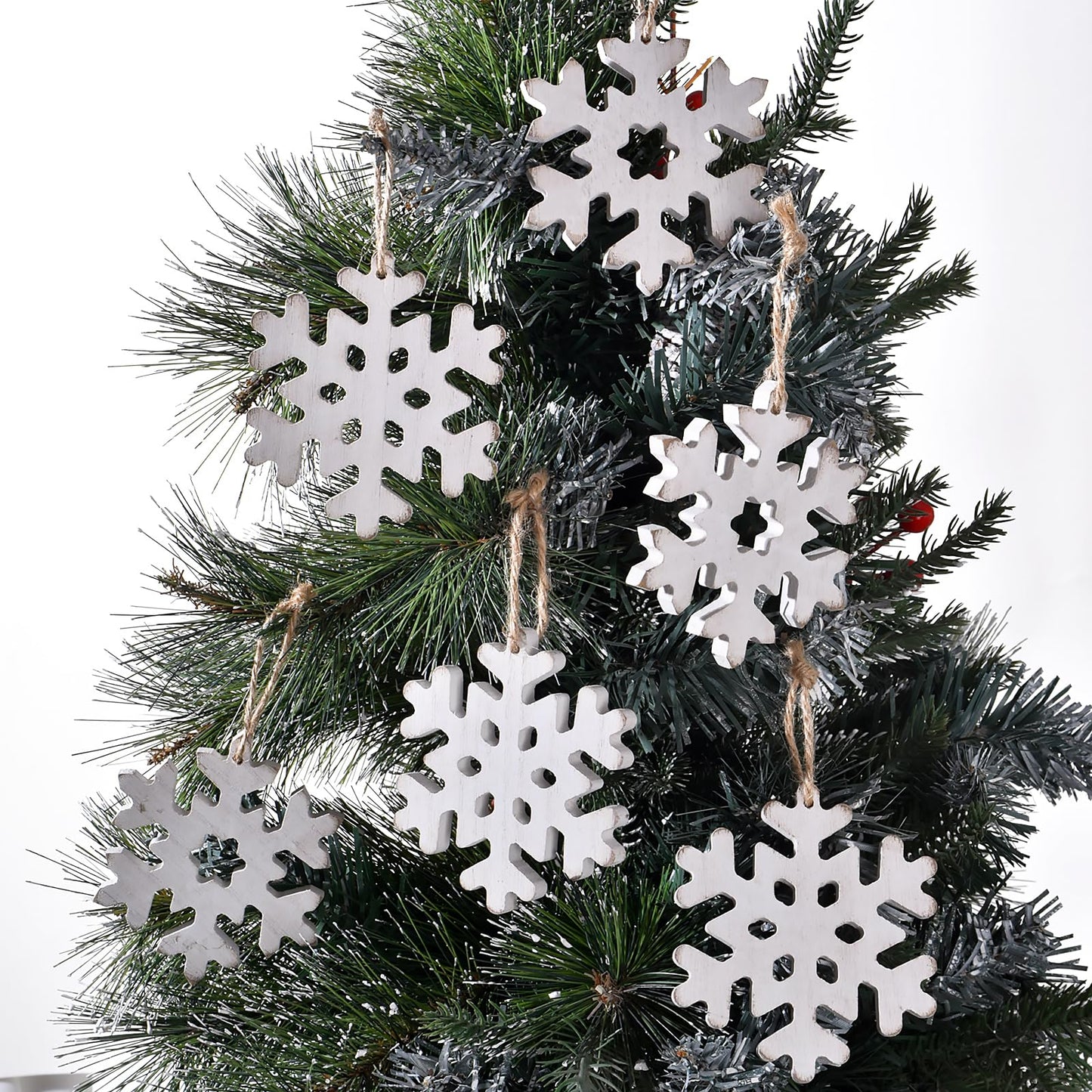 12Pcs Wooden Snowflake Ornaments for Christmas Tree, Rustic Snowflake Decorations with Jute Rope, Unfinished Wood Snowflakes Cutouts for Holiday DIY Crafts, Farmhouse Xmas Decor (12pcs)