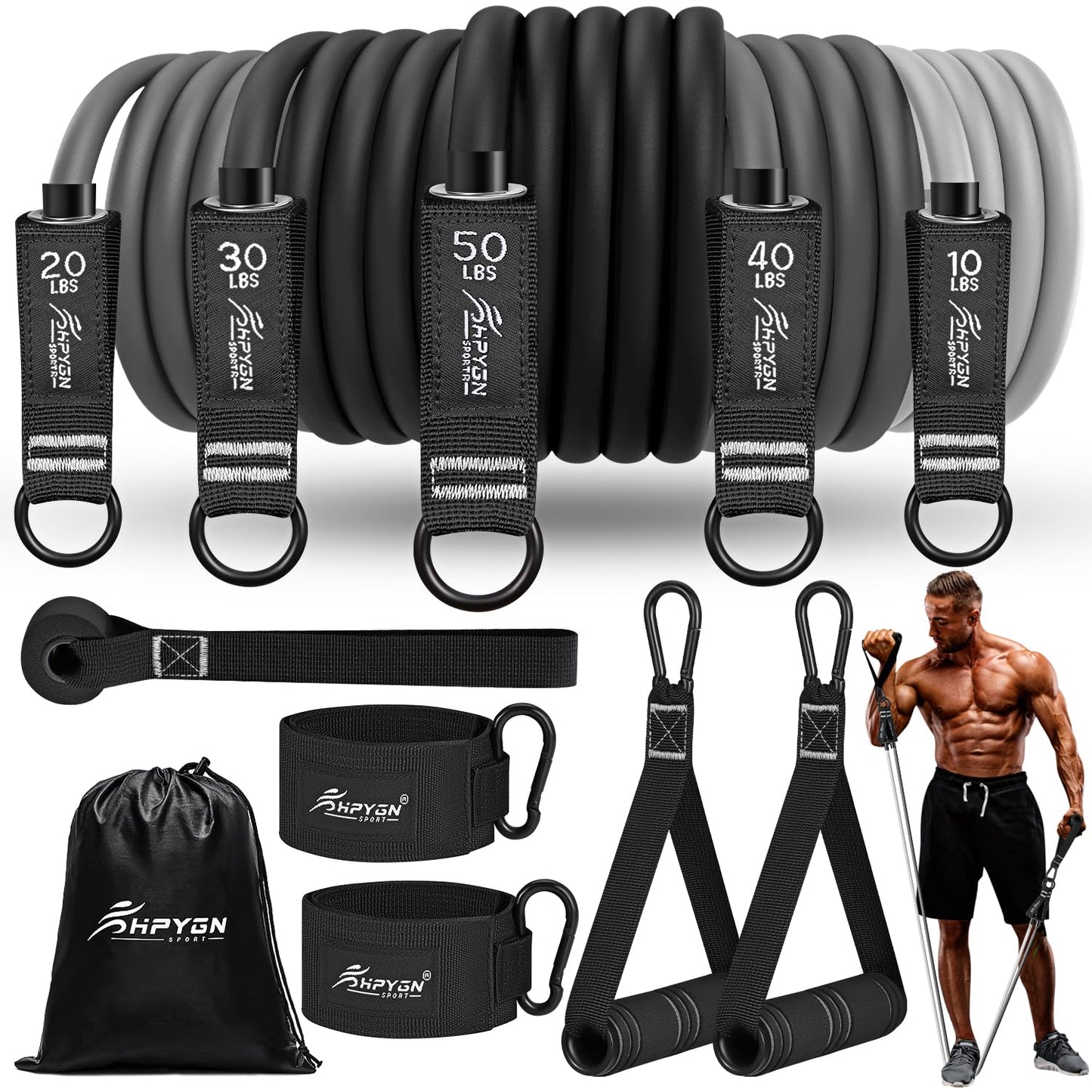 HPYGN Resistance Bands Set, 150lb Exercise Resistance Bands with Handles, 5 Tube Fitness Bands with Door Anchor, Handles, Portable Bag, Legs Ankle Straps for Muscle Training, Strength, Yoga