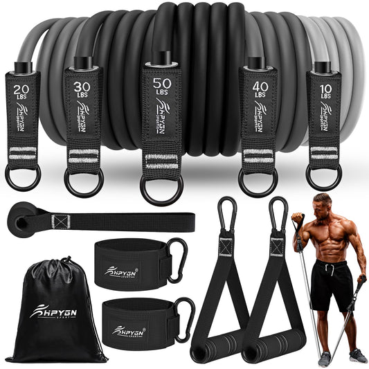 HPYGN Resistance Bands Set, 150lb Exercise Resistance Bands with Handles, 5 Tube Fitness Bands with Door Anchor, Handles, Portable Bag, Legs Ankle Straps for Muscle Training, Strength, Yoga
