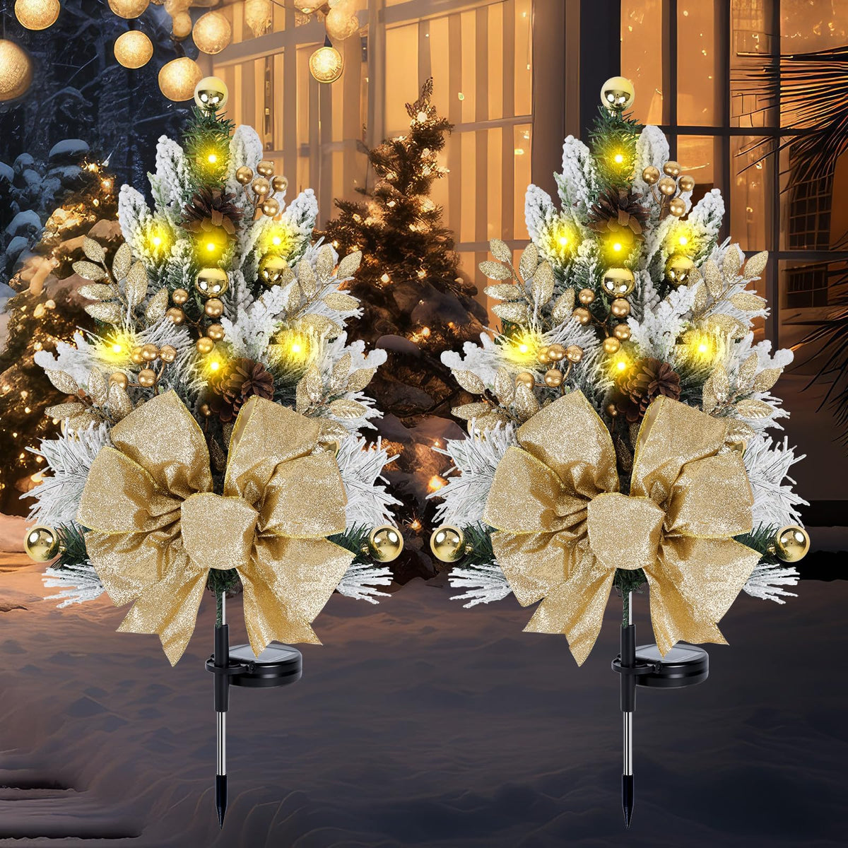 2 Pack Gold Outdoor Pathway Christmas Tree Urn Filler Solar Waterproof Cemetery Xmas Tree Faux Pine Cones Gold Christmas Ball Berry Pathway Light Ornament Stakes for Yard Garden Lawn Walkway Cemetery