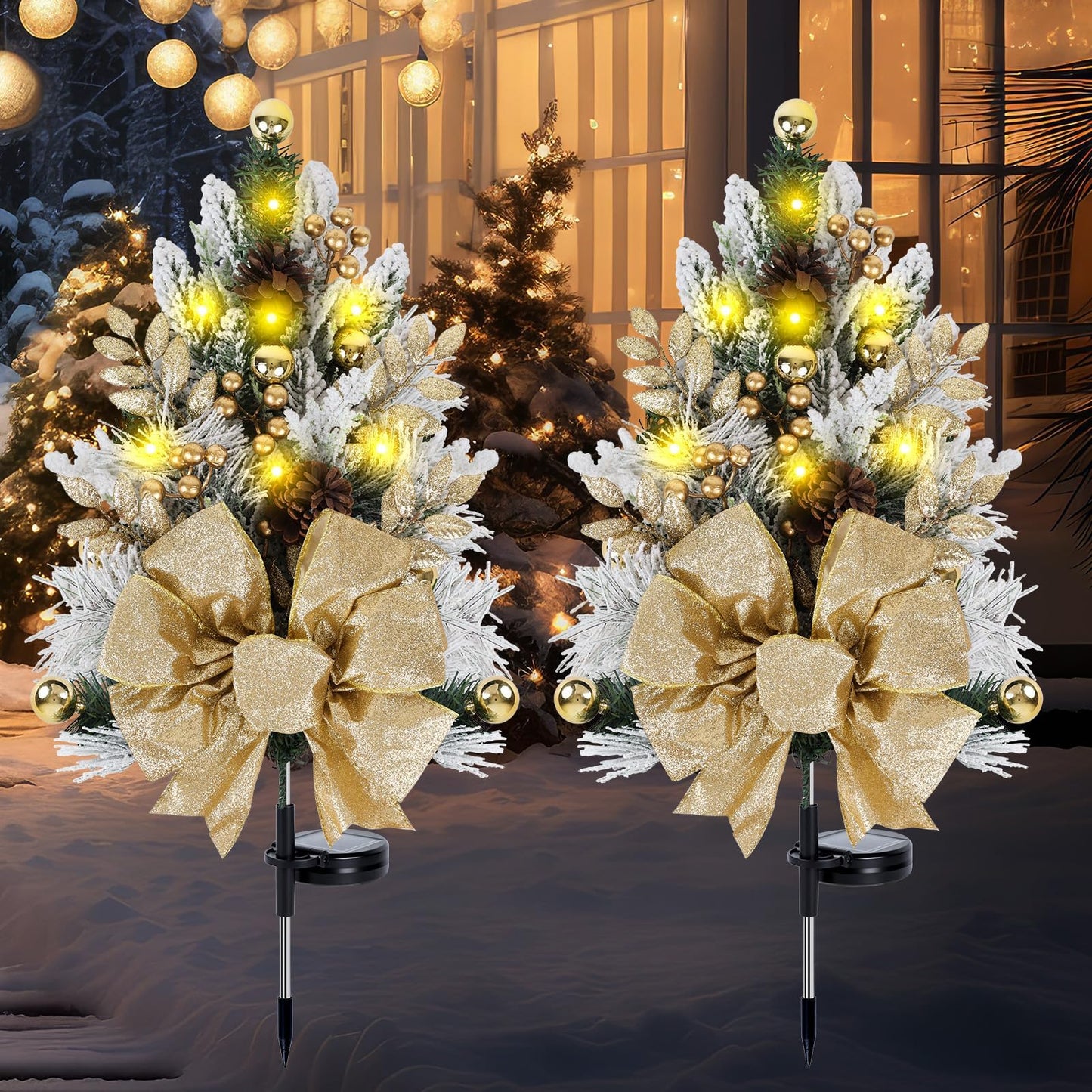 2 Pack Gold Outdoor Pathway Christmas Tree Urn Filler Solar Waterproof Cemetery Xmas Tree Faux Pine Cones Gold Christmas Ball Berry Pathway Light Ornament Stakes for Yard Garden Lawn Walkway Cemetery
