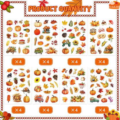 32 Sheets Fall Theme Sticker, Pumpkin Stickers, Hello Autumn Sticker, Thanksgiving Stickers for Kids, Fall Harvest Food Pumpkin Maple Leaves, Thanksgiving Party Favors Supplies