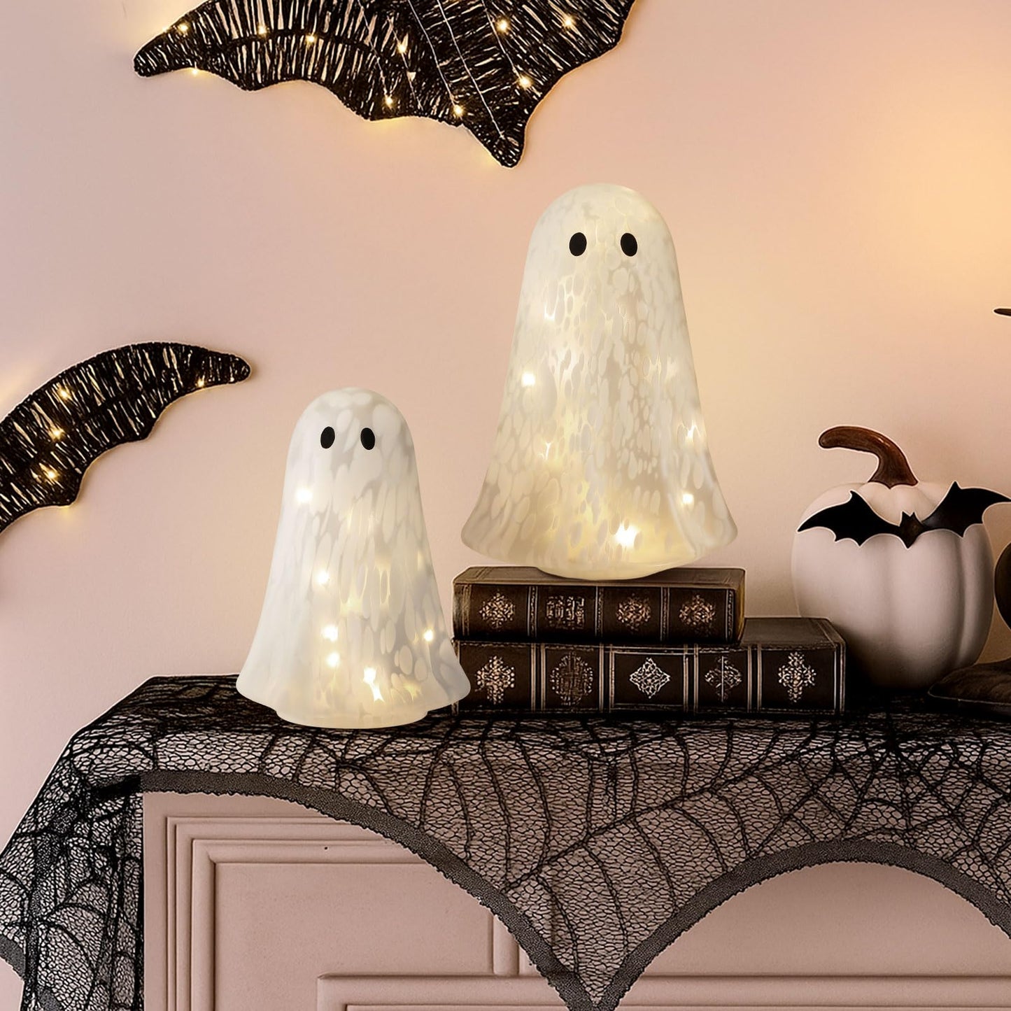 Flutesan 2 Pcs Halloween Confetti Ghost Glass Table Light Set, Cute Glass Ghost Light up for Home Halloween Party Tabletop Kitchen Counter Fireplace Mantle Decoration
