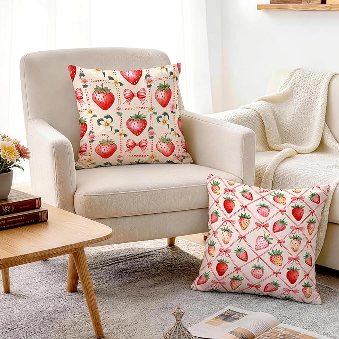 OBSEDE Pink Bow Strawberry Throw Pillow Covers 18 × 18 in, Couch Cushion Cases