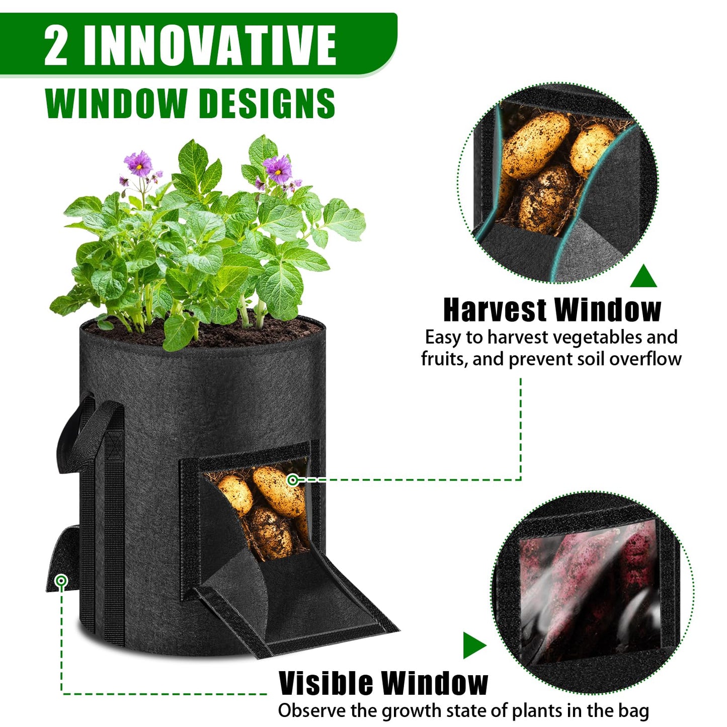 MJZ 3 Pack 15 Gallon Potato Grow Bags with Harvest Observation Windows, 380G Thickened Potato Bags for Growing Potatoes, Heavy Duty Nonwoven Fabric Garden Growing Containers to Grow Vegetable Tomatoes