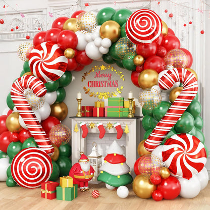 Christmas Balloon Garland Arch Kit, Red Green White Gold Balloons with Large Candy Cane Swirl Mylar Star Foil Balloons for Holiday Xmas Party Decorations