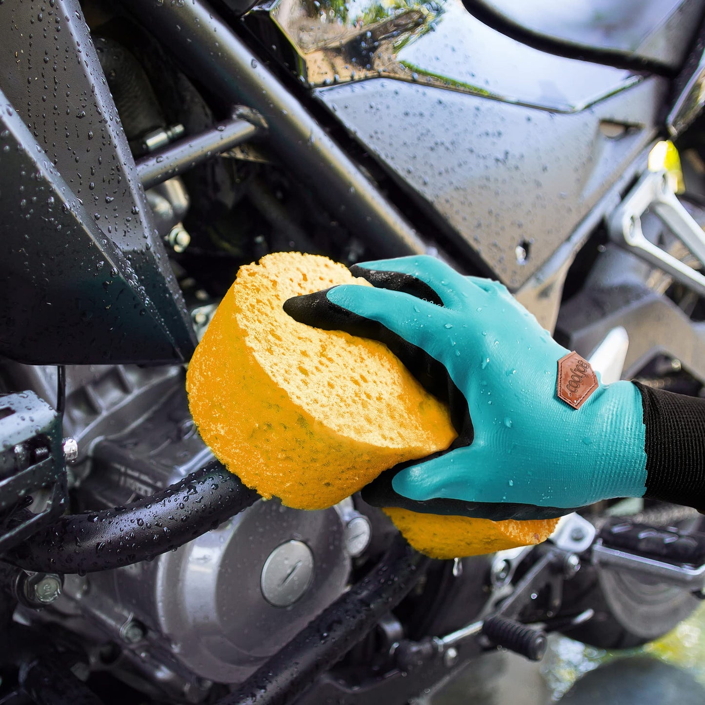 COOLJOB Waterproof Gardening Gloves for Women & Men, 2 Pairs Grip Double Latex Coated Work Gloves with Grip for Motorcycle, Car Washing, Blue & Black, Medium Size (2 Pairs M)