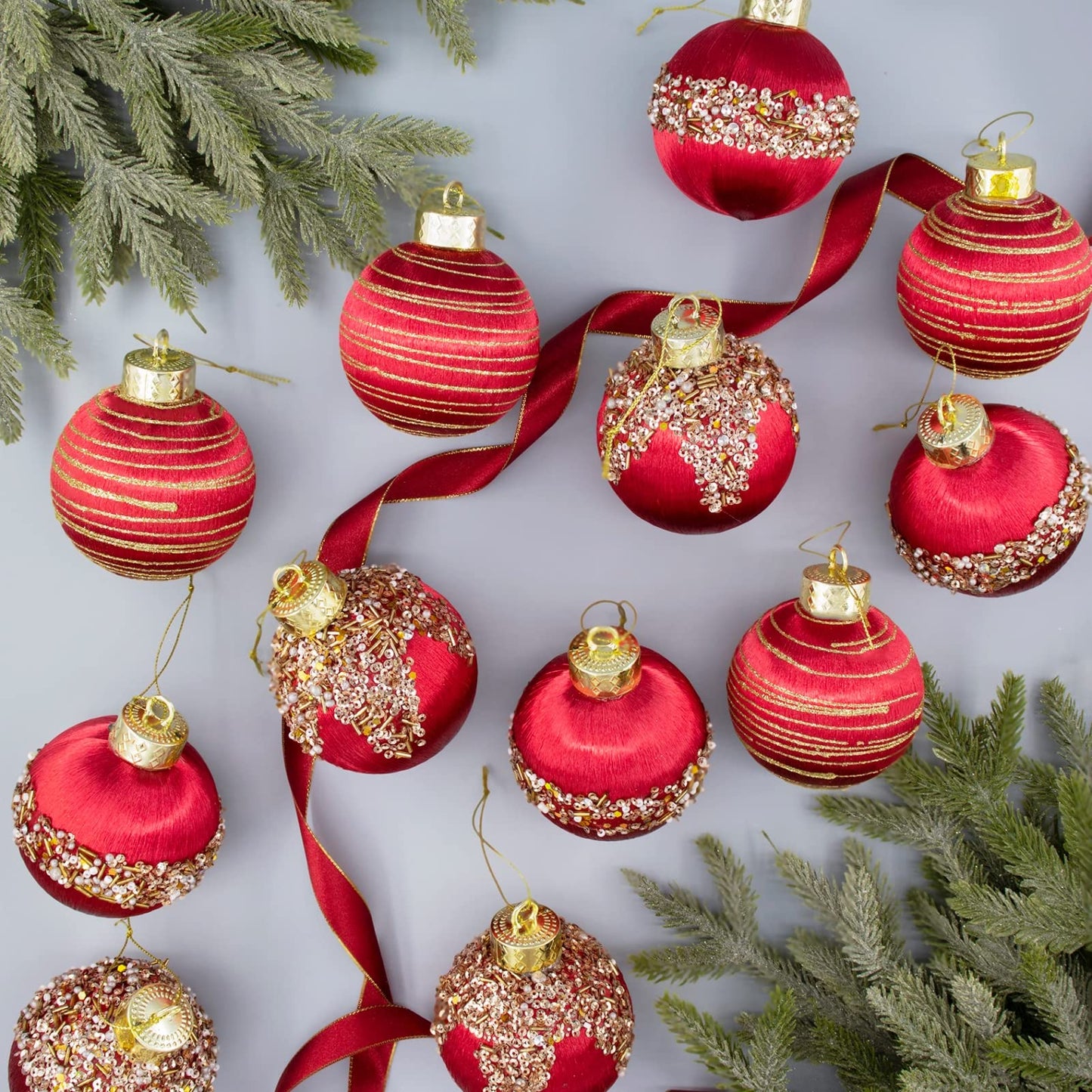 12 Pcs Satin Christmas Ball Ornaments, Silk Tree Hanging Decor for Xmas Wreath Garland Holiday Wedding Party (Red)