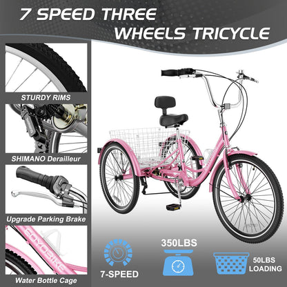 EOYOBIKE Adult Tricycle 3-Wheel Cruiser Bike, Low Step-Through, Heavy-Duty Comfort Trike with Adjustable Handlebar & Spring Saddle, Large Rear Basket, for Seniors & Adults (Blush Quartz, 20" Tire)