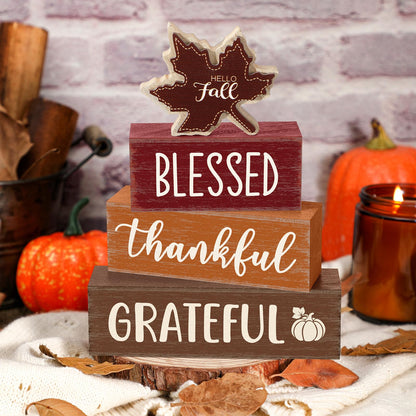Yousoontic 4 Pcs Hello Fall Wooden Table Decorations Maple Leaf Autumn Rustic Block Signs Centerpiece Tiered Tray Decor Thanksgiving Wood Farmhouse Tabletop Decor Gift for Kitchen Entryway Home Desk
