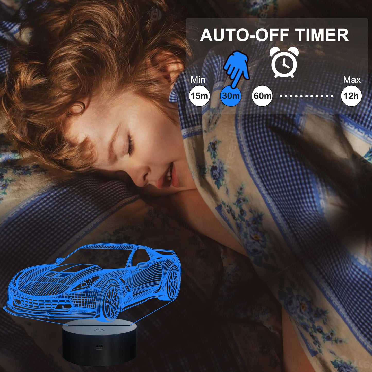 YuanDian Racing Car 3D LED Illusion Lamp, 16 Colors USB & Battery Powered Touch Control with Remote, Creative Car Gift for Boys & Lovers