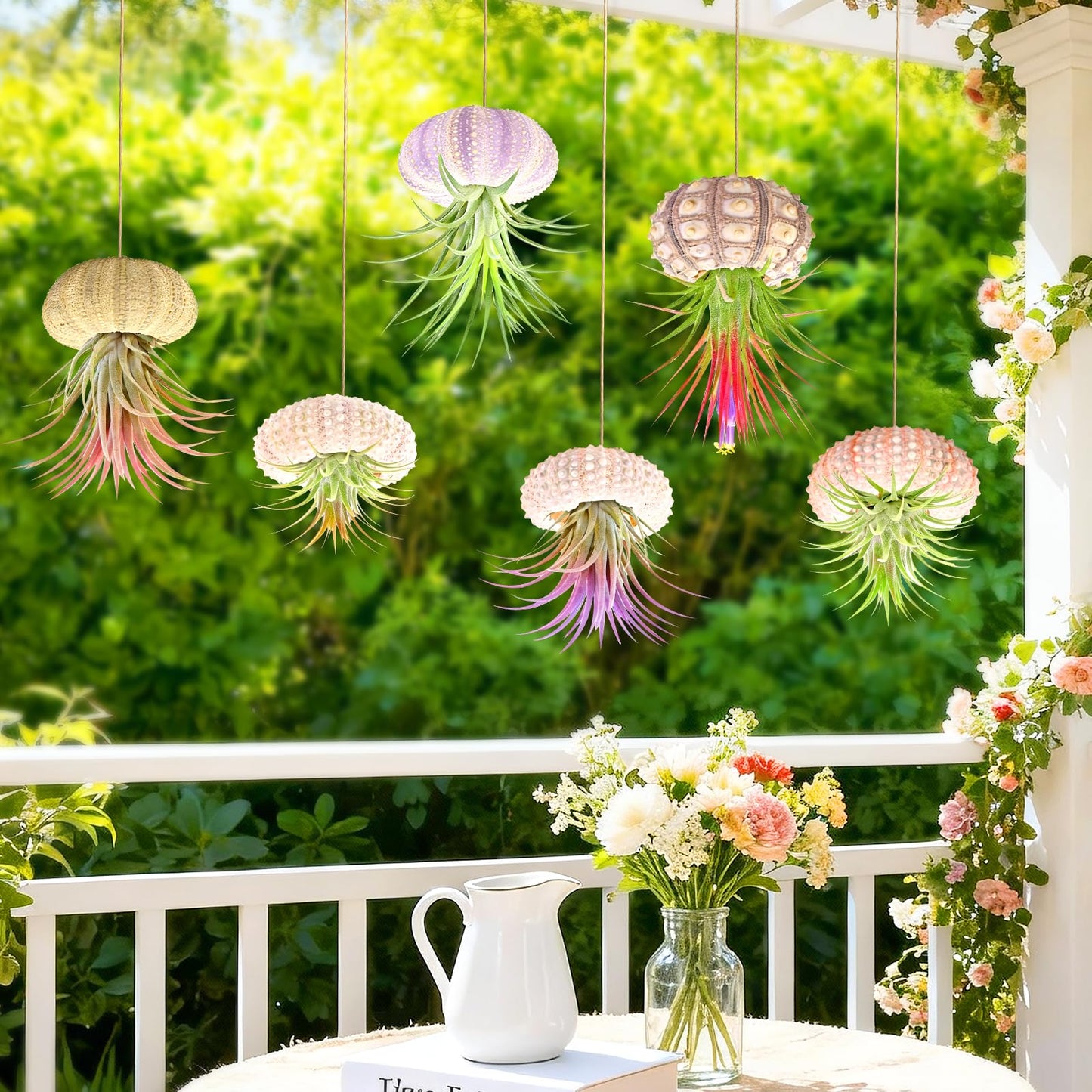 Woosytoo Hanging Air Plant Holders 6PCS – Mini Sea Urchin Shell Hanger Pots for Tillandsia & Succulent Display, Coastal Home & Garden Wall Decor, Indoor Outdoor Hanging Planter Set