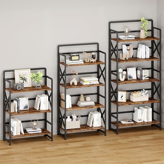 No Assembly Folding Bookshelf, 5 Tiers Vintage Wood Collapsible Book Shelf