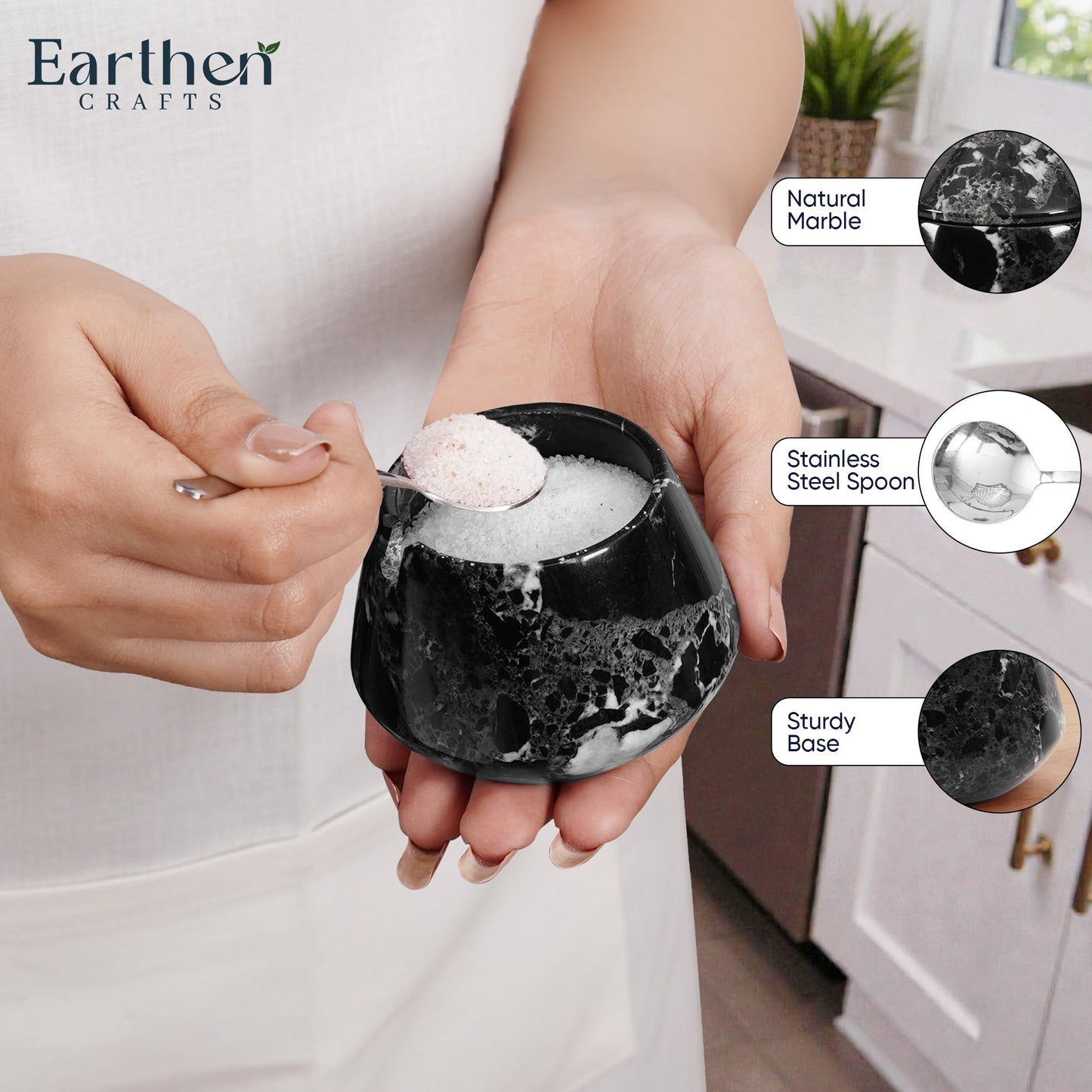 EARTHEN CRAFTS Marble Salt Cellar with Lid & Spoon, Black, 3" Salt Box Natural Stone Salt Holder For Countertop Salt Dish Spice Jar Seasoning Storage Containers for Kitchen Table Decor