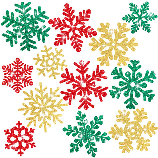 Whaline 48Pcs Christmas Snowflake Cut-Outs Glitter Red Green Gold Cutouts Double-Sided Cut-Outs with Glue Point for Xmas Winter Wonderland Frozen Party Home Decoration, Assorted Sizes