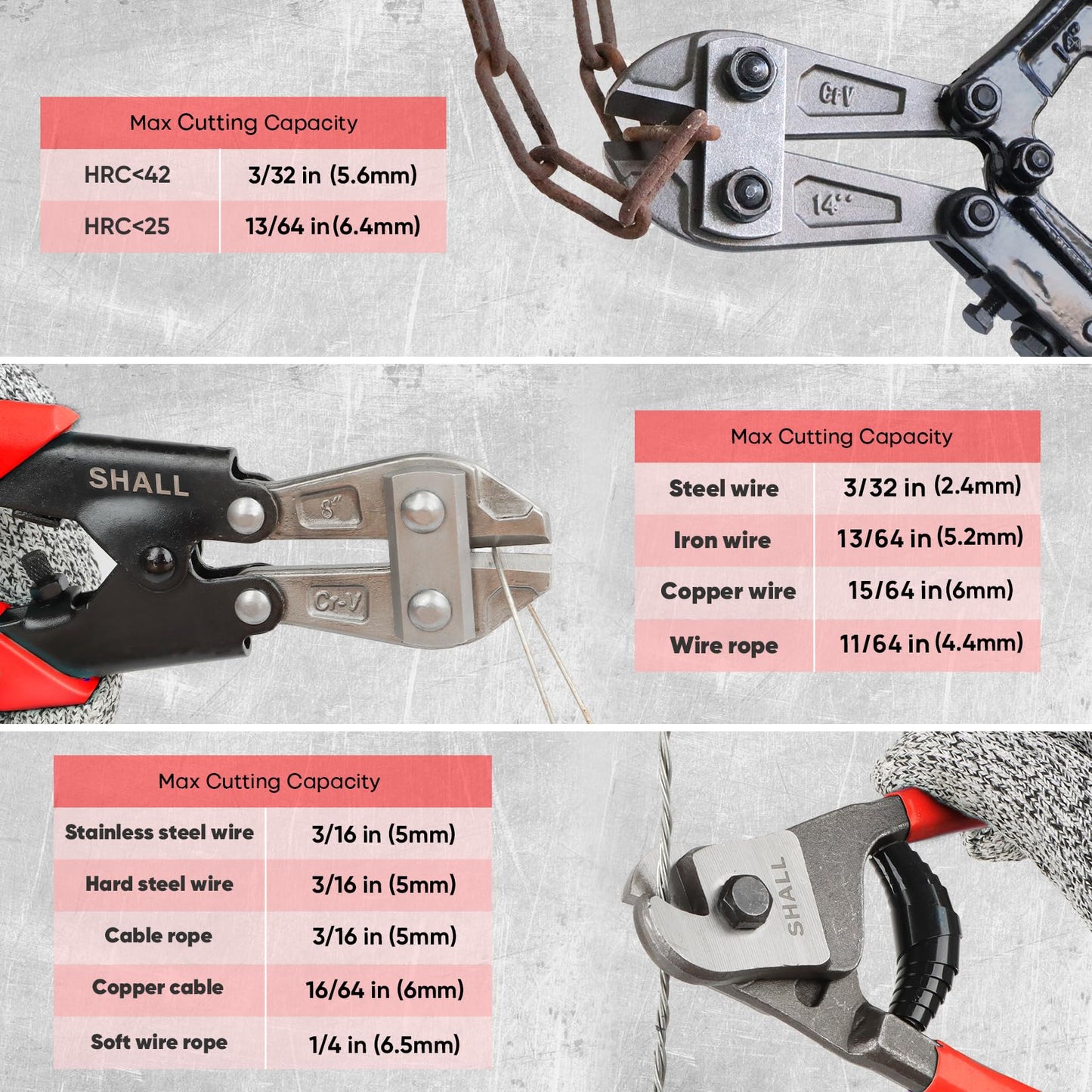 SHALL 3-Piece Bolt Cutters, 14" Heavy Duty Bolt Cutter, 8" Mini Bolt Cutter, 8" Wire Rope Cutter, Ergonomic Handle, More Efficient Leverage for Cutting Locks, Chains, Iron Wire, Carrying Case Included