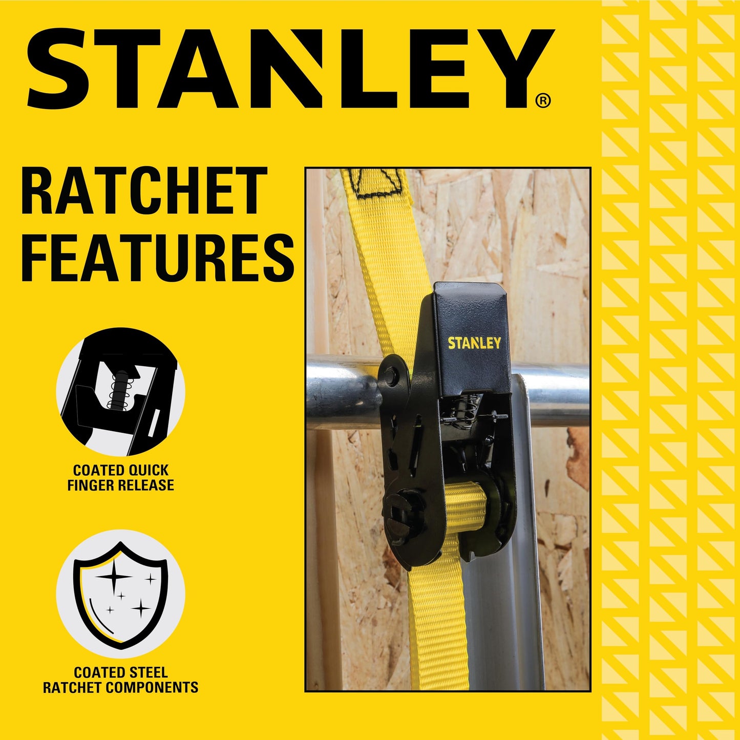 STANLEY S9500 Black/Yellow 1" x 10' Ratchet Straps - Light Cargo (300 lb Working Load / 900 lb Break Strength), 4 Pack