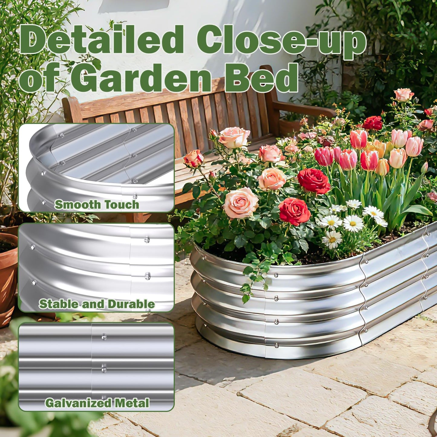 Tegarbed Galvanized Raised Garden Bed Outdoor, 4x2x1ft Metal Heavy Duty Planter Boxes for Gardening, Easy Assemble Bottomless Small Oval Plant Container Kit for Vegetable, Flower, Fruit, Silver, 1Pack