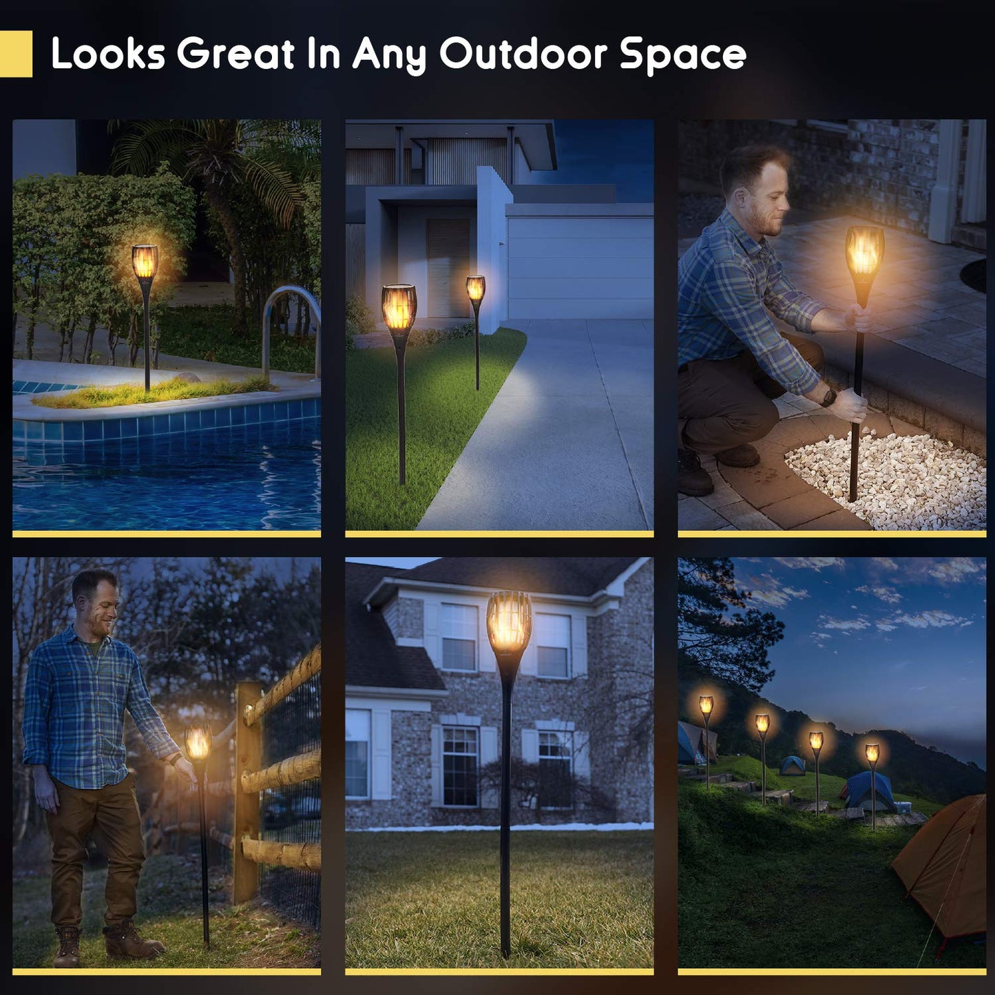 Everbeam P1 Solar Torch Light with Flickering Flame - Our Waterproof Outdoor Solar Tiki Torches Come Equipped with 96 LED Bulbs That Create A Stunning Realistic Fire Effect - 2 Pack