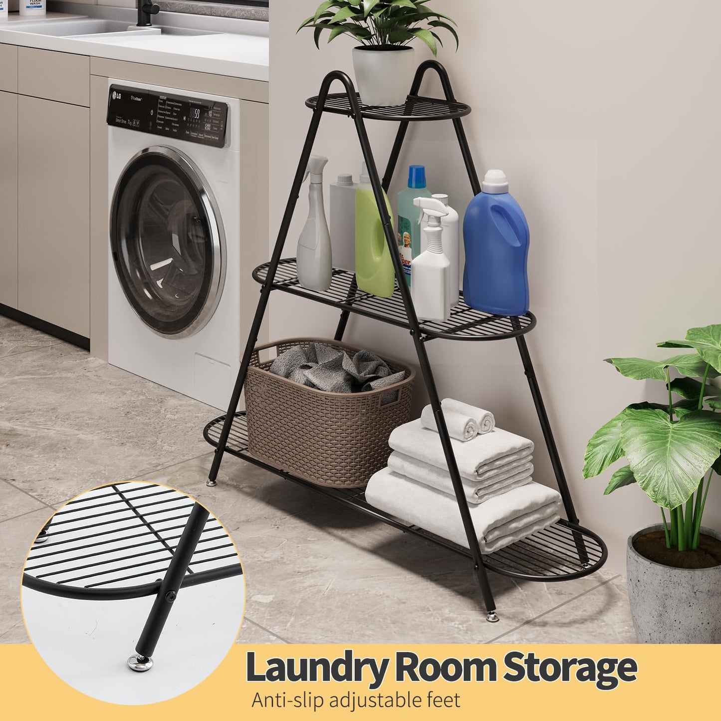Furshus Plant Stand for Patio, 3-Tier Metal Plant Shelf–Indoor/Outdoor Display Rack for Multiple Pots, Heavy Duty Plants, Garden Flower Organizer (Black)