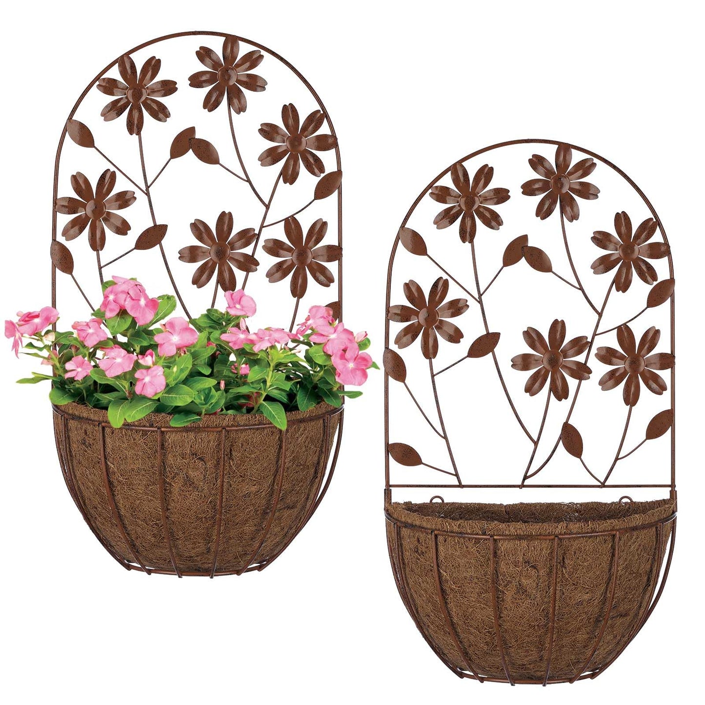 BAYN 2PKs Wall Hanging Planter Decor Art with Flower, Metal Wall Mounted Planters Indoor Outdoor Wall Planter for Succulent Herb Home Garden Yard