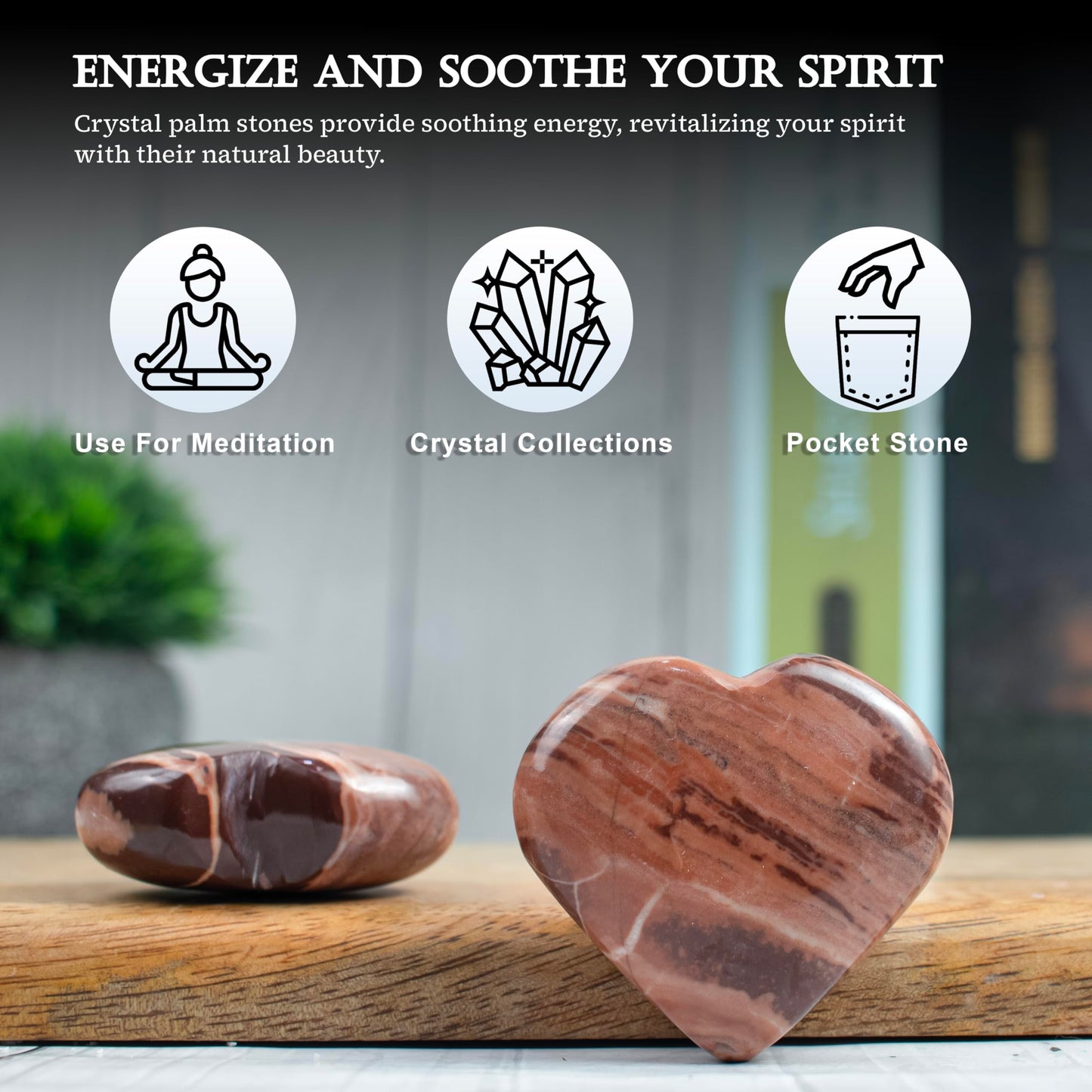 Crocon 50mm Chocolate jasper Heart stone Big Heart Shape Puff Stones Set Pocket Crystal Healing Tumble Collection Palm Worry Stone Good Luck Charm Meditation Gifts for women