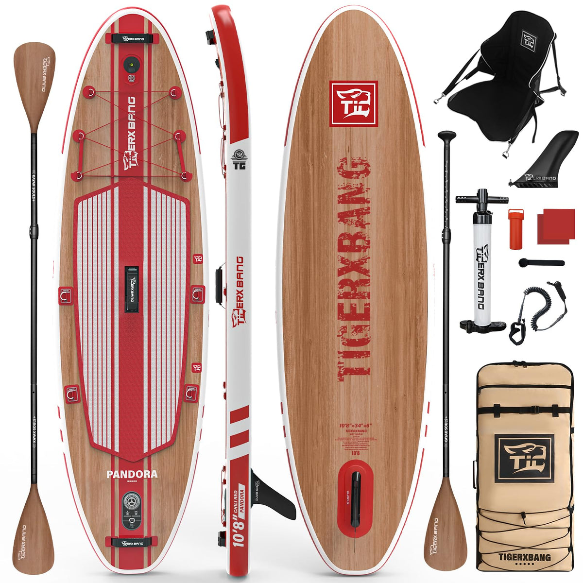 TIGERXBANG Paddle Board, 10.8' Stand Up Paddle Board with Premium Complete Inflatable SUP Accessories, Extra Wide Paddleboards for Adults & Youth-Pandora Collection Chili Red