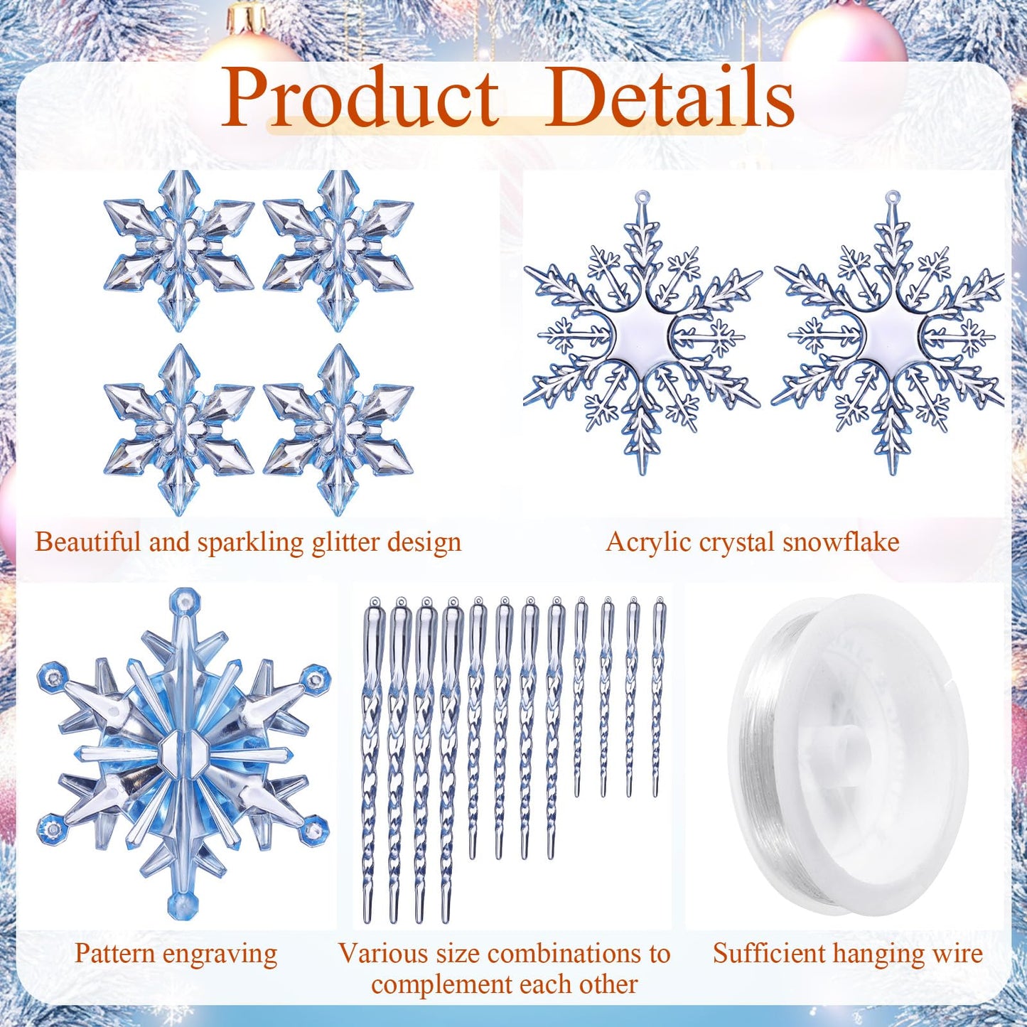 Chuangdi 72 Pcs Snowflake Icicle Ornaments for Christmas Tree Twisted Glitter Icicles Acrylic Hanging Drop Decoration for Winter Xmas Holiday Party New Year Outdoor Supplies(Clear Blue)
