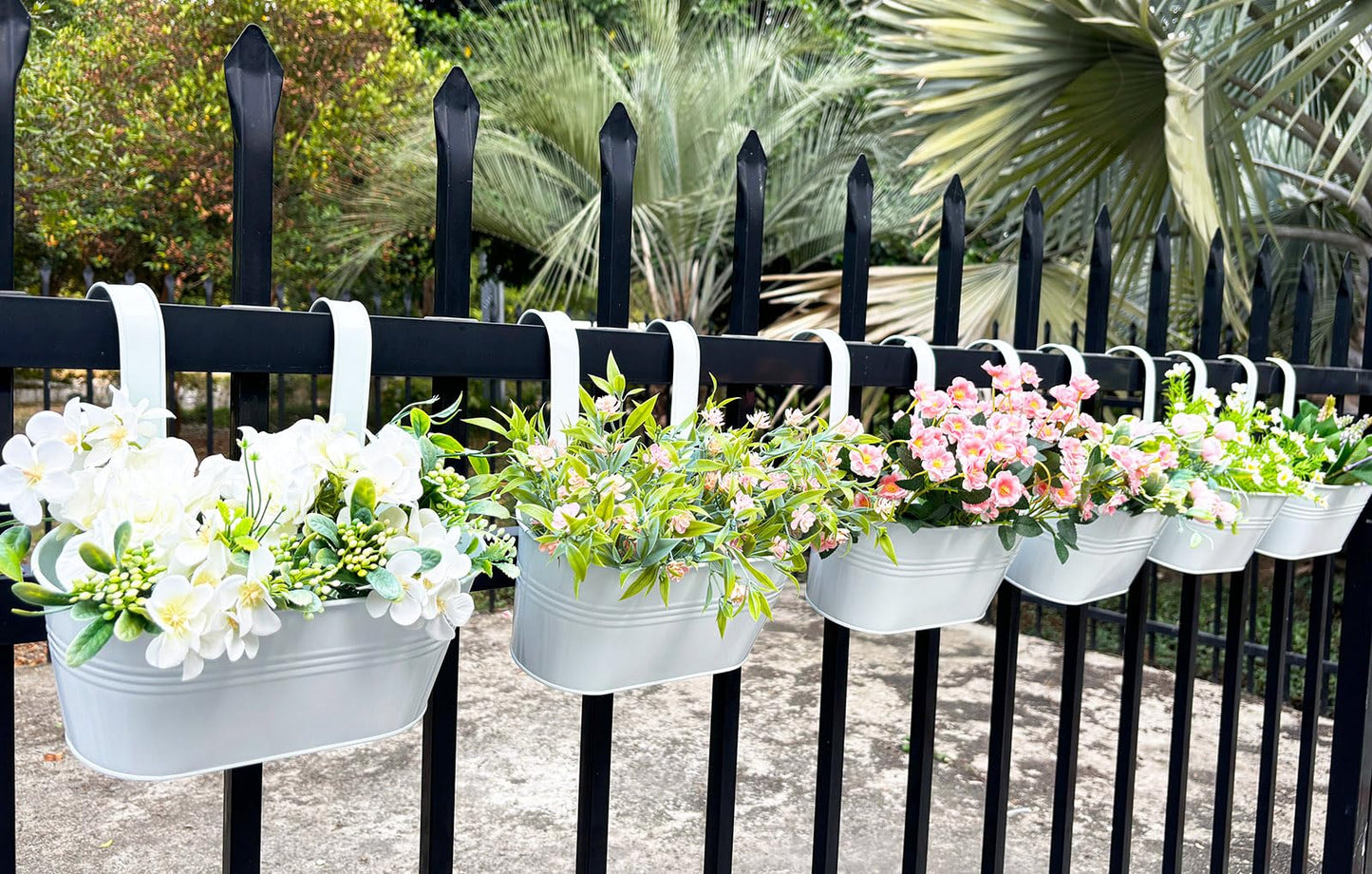 Joyfernal 10" Hanging Flower Pots, Pack of 8 White Metal Outdoor Patio Balcony Planter, Railing Planters Fence Pot with Detachable Hook & Drainage Hole for Small Plants (White, 8Pcs)