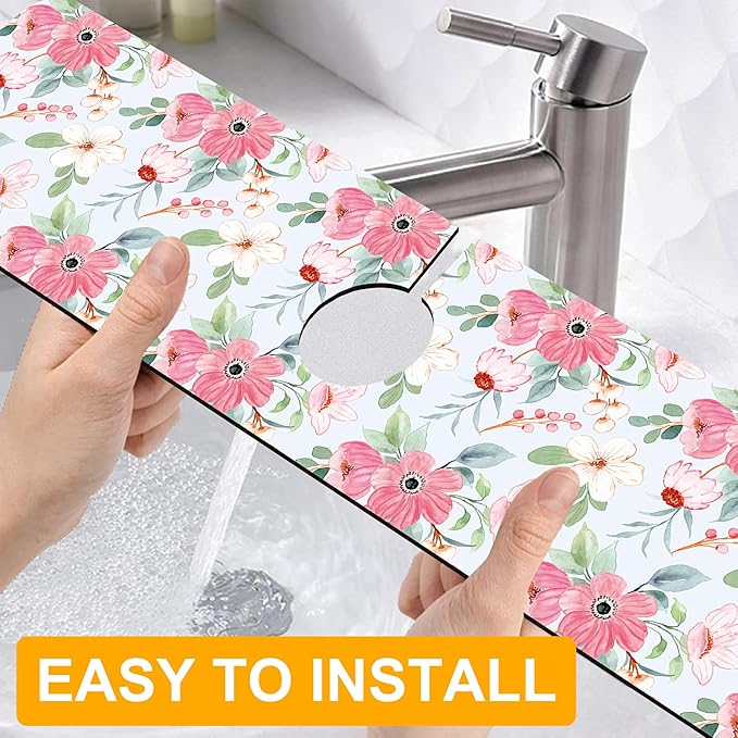 2 Pack Watercolor Floral Sink Faucet Absorbing Mat White Pink Flowers Super