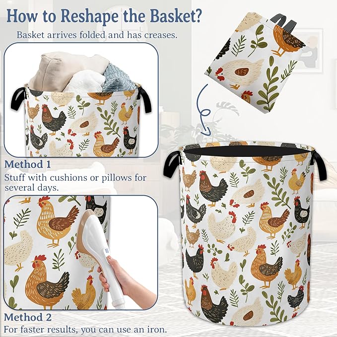 Rooster Hen Chick Laundry Basket, Foldable Waterproof Oxford Cloth Tote Bag