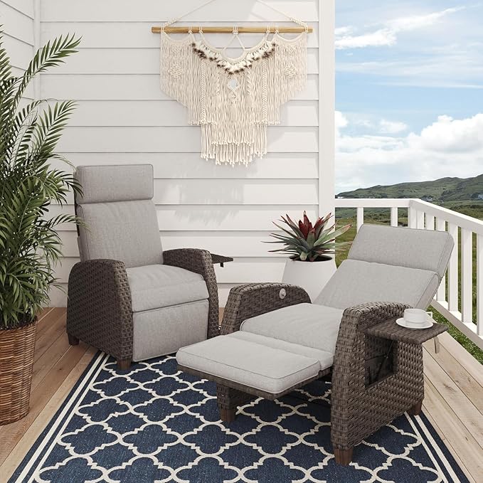 Grand patio Outdoor Reclining Chairs with Extended Footrest 2-Piece Adjustable Patio Wicker,Lounge Recliner up to 150° with Flip Side Table, Mist Grey